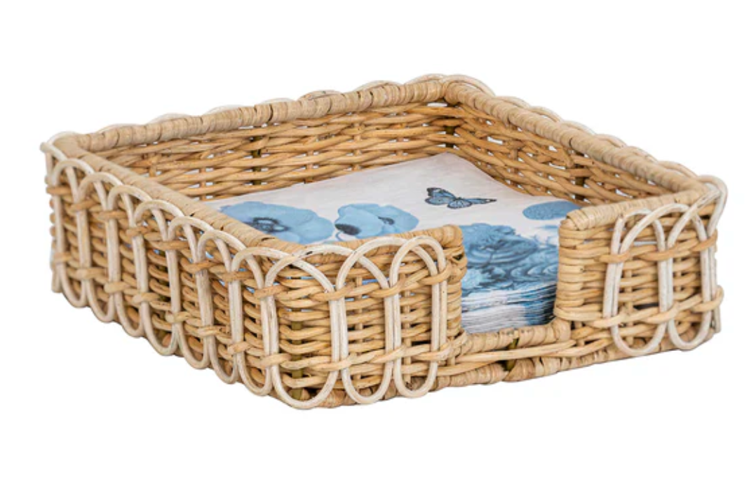 Juliska Provence Rattan Napkin Holder - Whitewashed Farmhouse Style for Dining Table Decor, Kitchen & Wedding Party Supplies