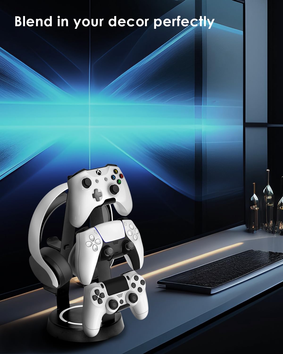 3-Tier Universal Aluminum Game Controller & Headphone Stand - Compatible with Xbox, PS4, PS5, Switch & PC Gaming Accessories - Desk Storage Organizer for Gaming Setup & Office Organization (Black)