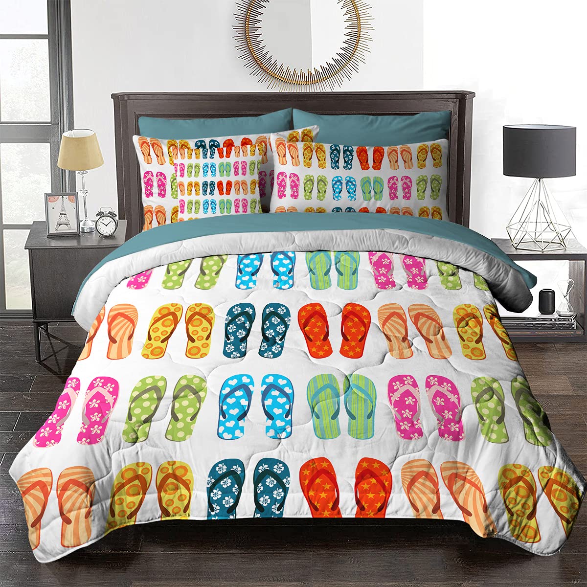 BlessLiving Colorful Flip-Flops Beach Sandals Comforter Set - 8 Piece Bed in a Bag (1 Comforter, 2 Pillow Shams, 1 Flat Sheet, 1 Fitted Sheet, 1 Decorative Pillow Cover, 2 Pillowcases) - Tropical Summer Bedding for Beach House, Vacation Rental or Dorm Room Decor