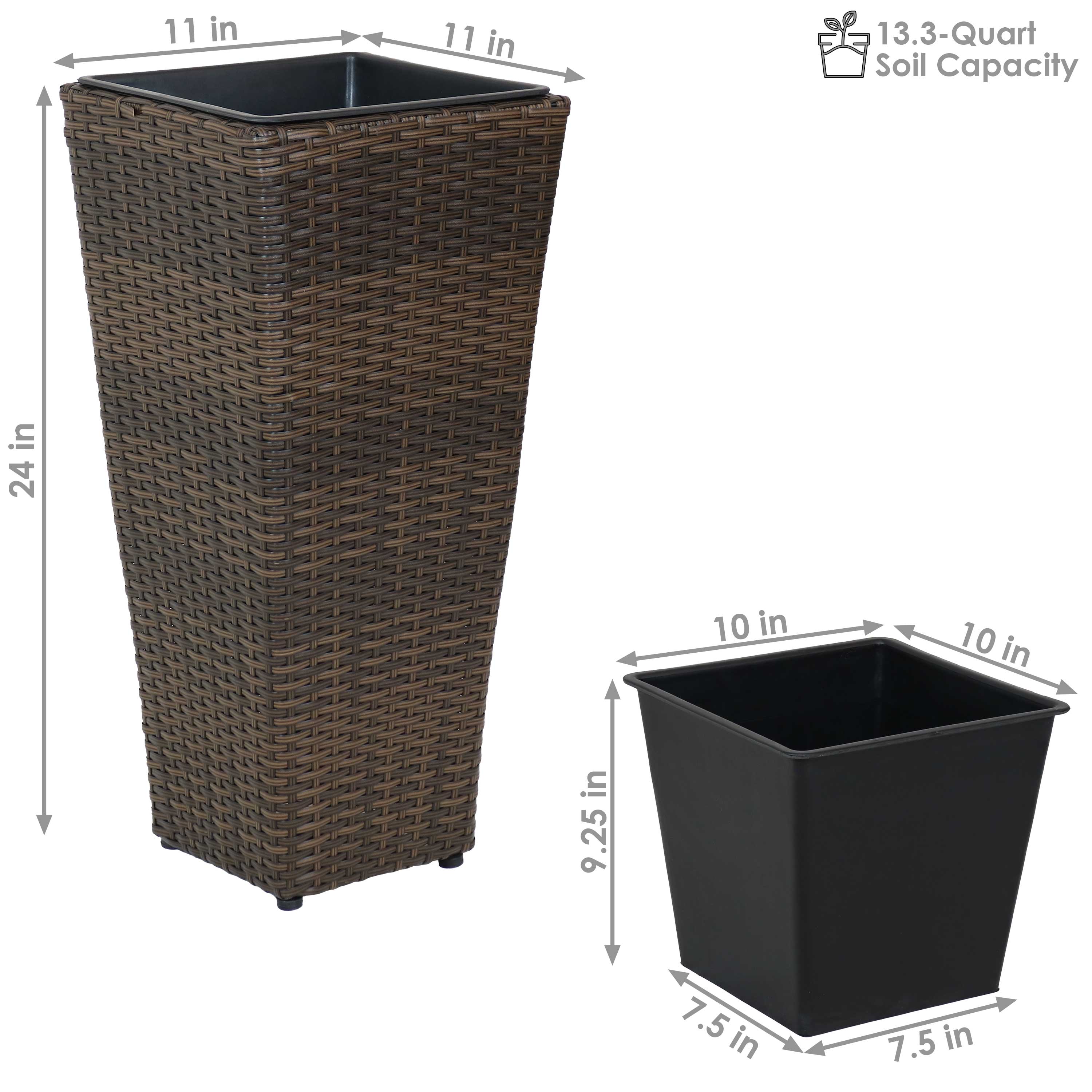 Sunnydaze 2-Piece Set of Brown Square Tall Wicker Planters - Durable Poly Rattan Outdoor Garden Decor for Patio, Balcony & Backyard Landscaping