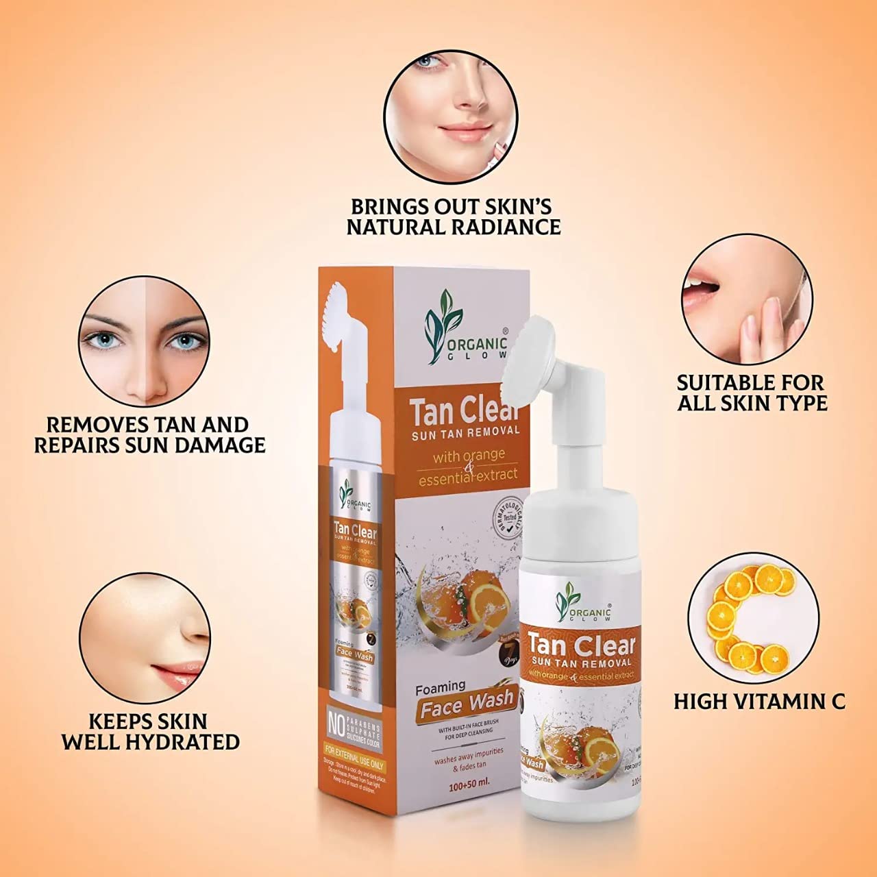 Organic Glow Sun Tan Removal Foaming Face Wash with Orange Essential Extract | Brightening & Exfoliating Cleanser for Glowing Skin | 150ml | Perfect for Daily Skincare & Post-Sun Care Routine