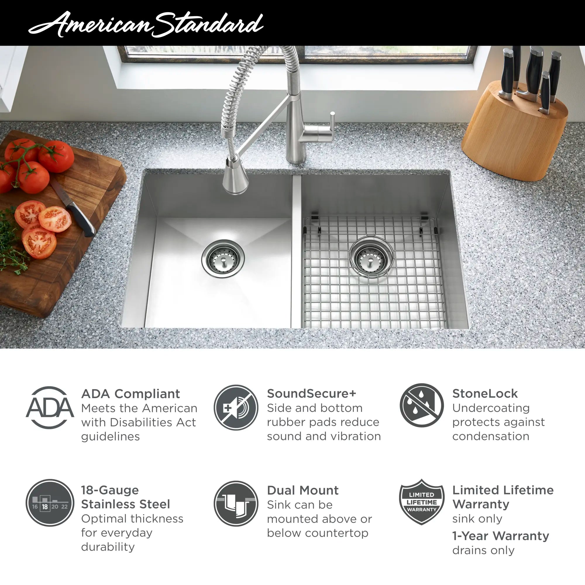 Edgewater® 33 x 22 Inch Stainless Steel 1 Hole Dual Mount Double Bowl ADA Compliant Kitchen Sink - Perfect for Modern Homes & Restaurant Use