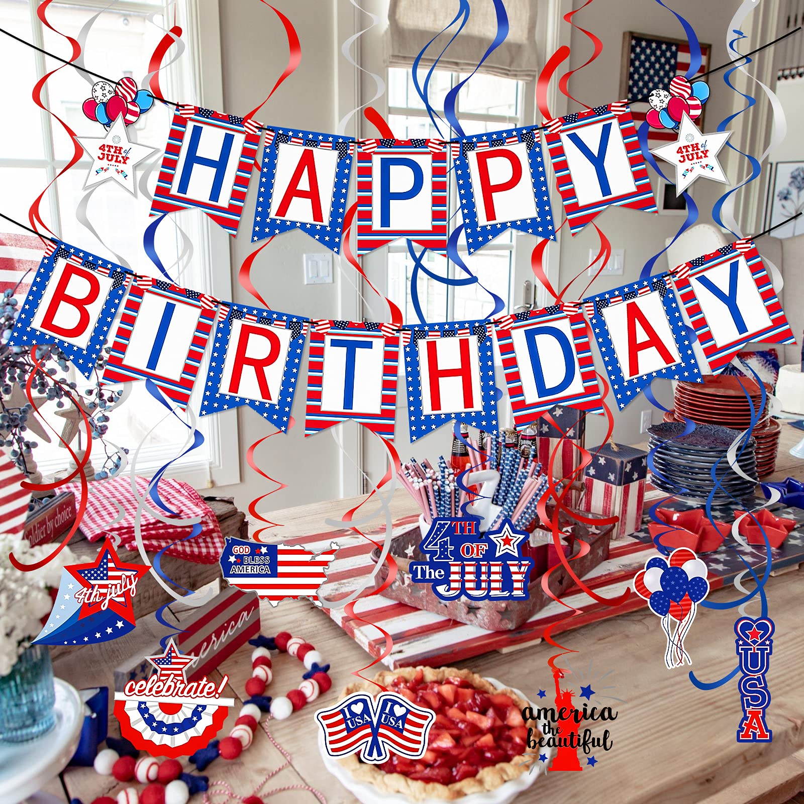 Red White and Blue 4th of July Happy Birthday Banner - Patriotic Independence Day Party Decorations for USA National Day Celebrations, Backyard BBQs & Festive Home Decor