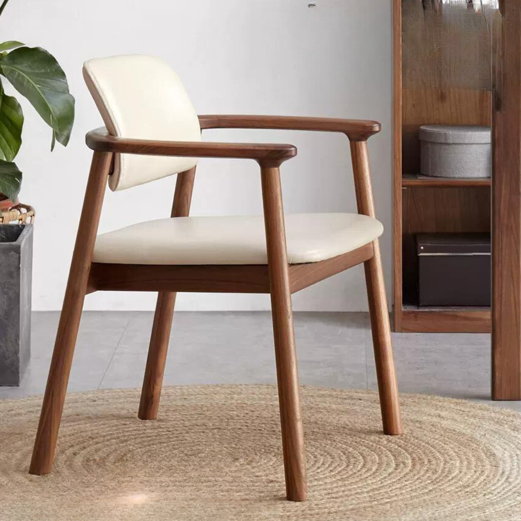 Premium Black Walnut Solid Wood Chair with Genuine Yellow Cowhide Upholstery - Handcrafted Organic Leather Armchair for Living Room, Office & Study