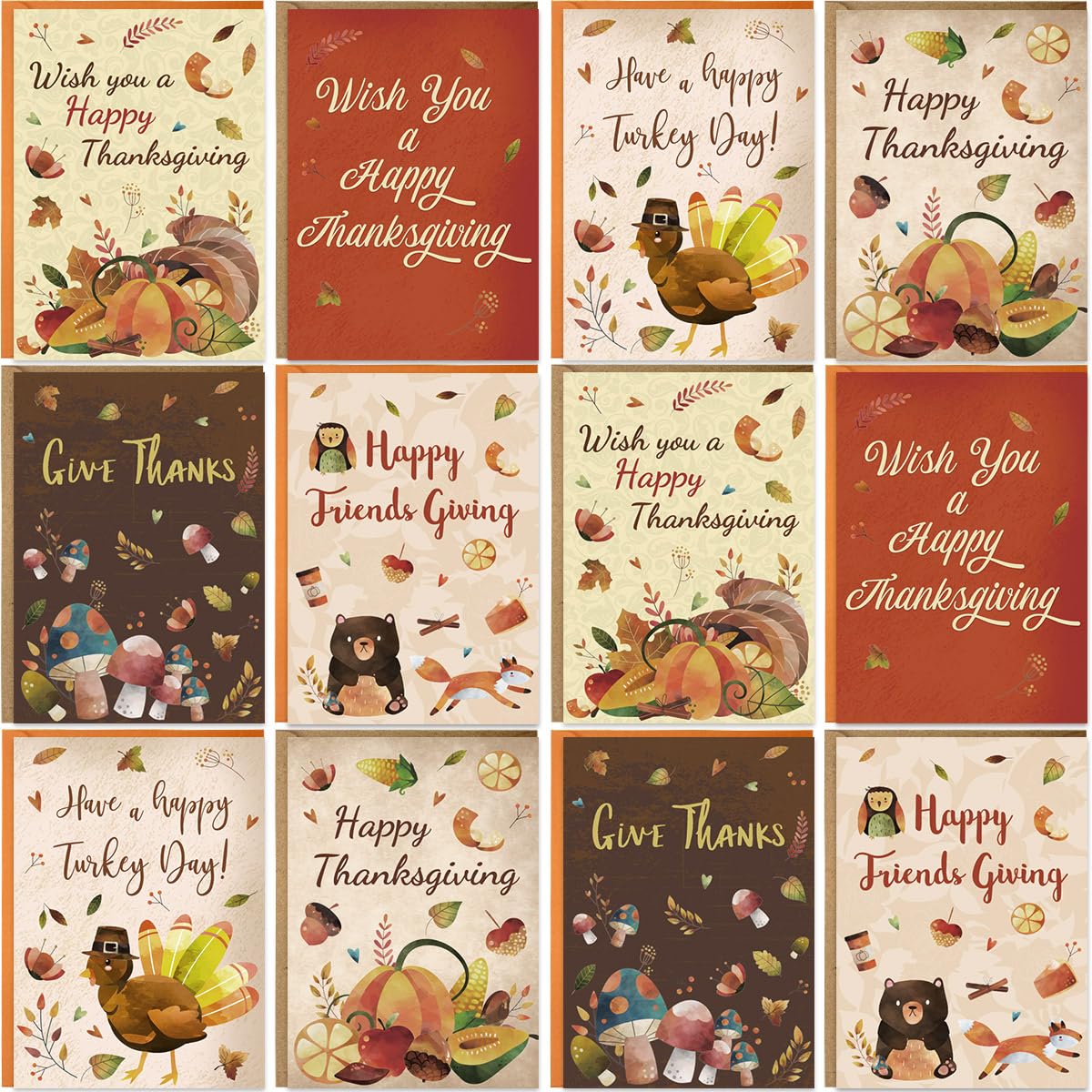 12 Thanksgiving Greeting Cards with Envelopes - 5x7 Inch Blank Inside Cards for Kids, Adults, Friends & Family - Perfect for Thanksgiving Wishes, Classroom Activities & Holiday Gifting
