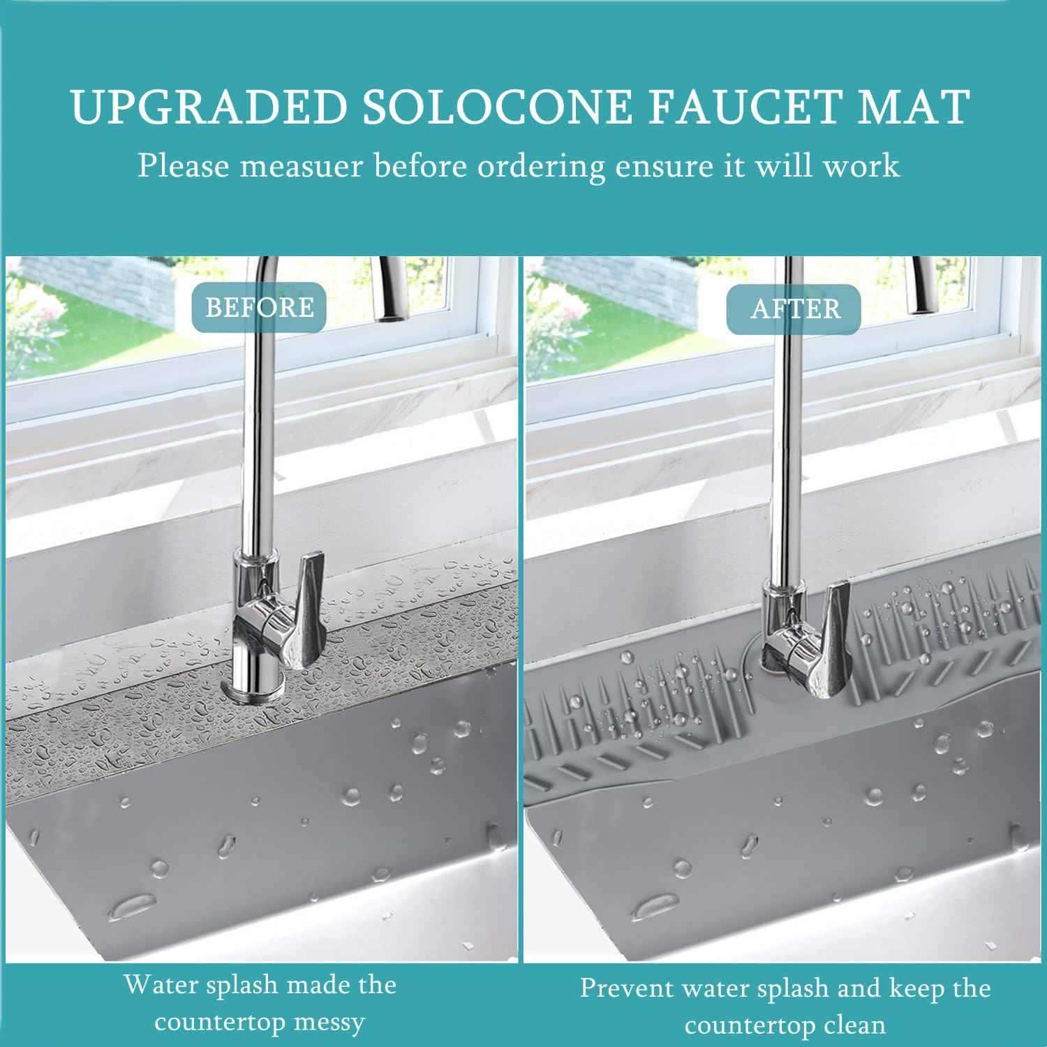 24 Inch Foldable Silicone Sink Drain Mat - Non-Slip Kitchen Counter Drying Tray, 90° Bendable Design, Drip Catcher for Faucet Handle - Perfect for Farmhouse, Bathroom & Kitchen Use (Gray)