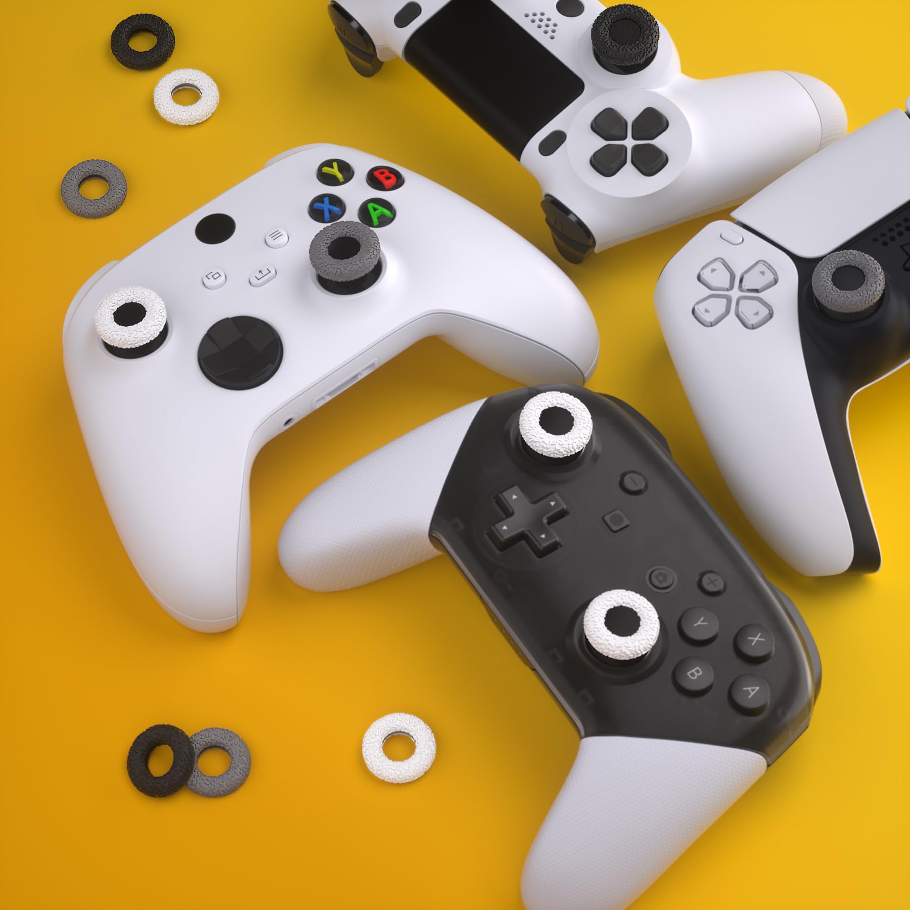 PlayVital 3 Pairs Analog Stick Grips for PS5/PS4, Non-Slip Thumb Grips for Xbox Series X/S/One X/One S, Compatible with Elite Series 2 Core Controller - Donut Design (Gray, Black, White) - Improve Gaming Performance & Comfort for Long Play Sessions