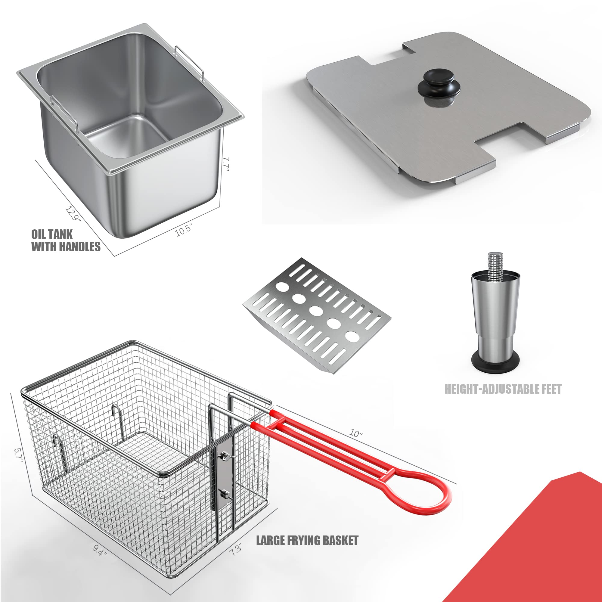 12L Commercial Electric Deep Fryer with Basket - Stainless Steel Countertop Fryer for Restaurants & Home Use - Extra Large Frying Basket & Lid - 120V 1800W - Perfect for Frying Chicken, Fish, Fries & Donuts