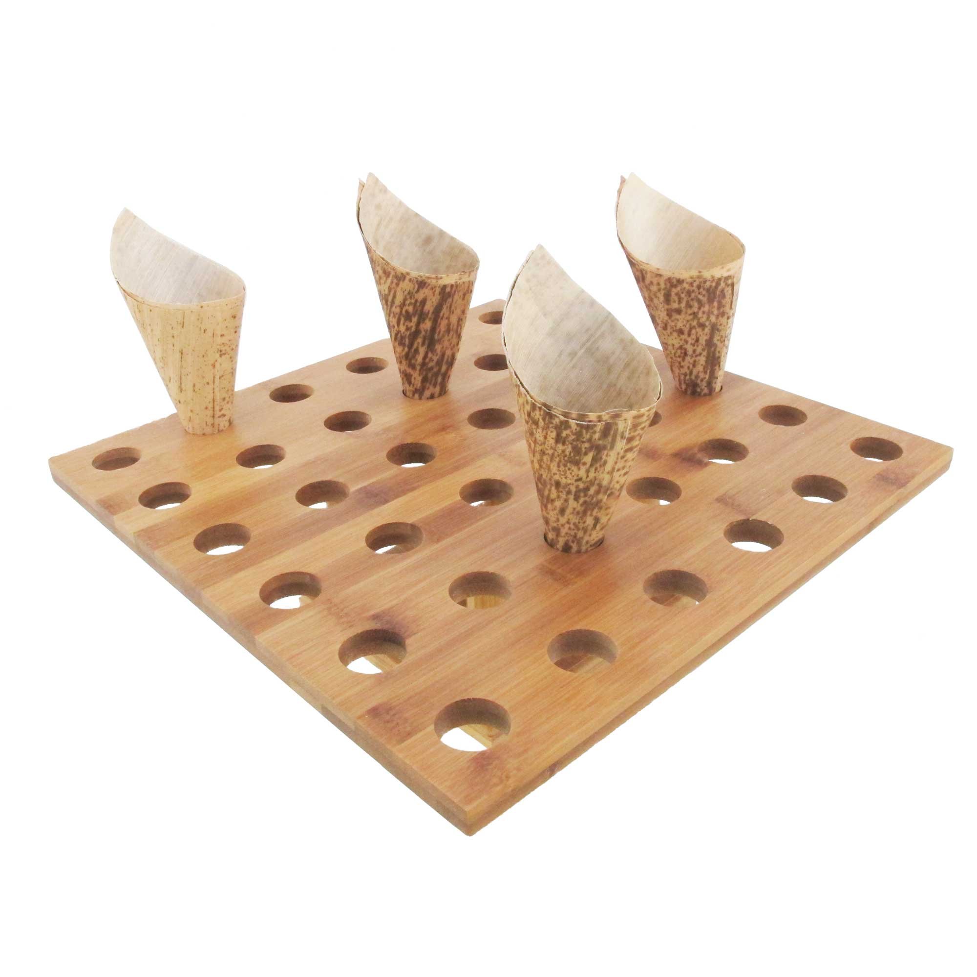 BambooMN 13x13 Inch Natural Bamboo Square Food Cone Display Stand - Tamaki Sushi Holder for Restaurants, Catering, Parties & Buffets (Holds 36 Cones, Set of 3) - Perfect for Sushi Bars, Asian Cuisine Events & Wedding Receptions