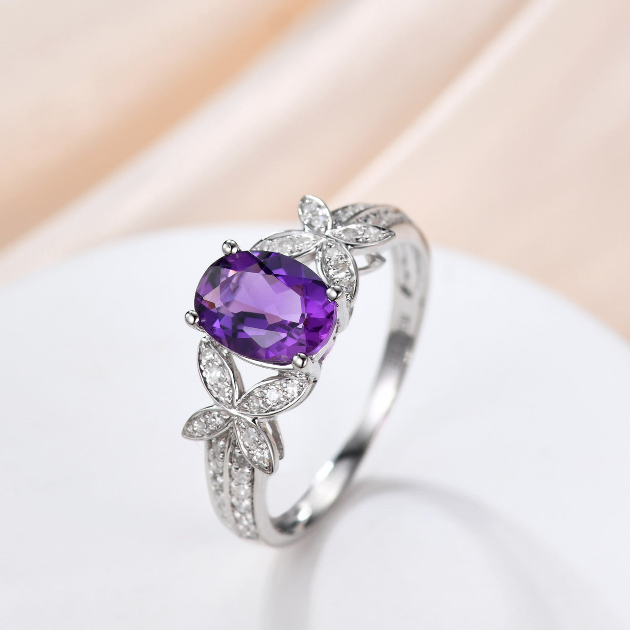 14K White Gold Handmade Purple Amethyst Engagement Ring - 6x8mm Oval Cut Diamond Butterfly Flower Promise Ring for Women | Wedding, Anniversary, Valentine's Day Gift
