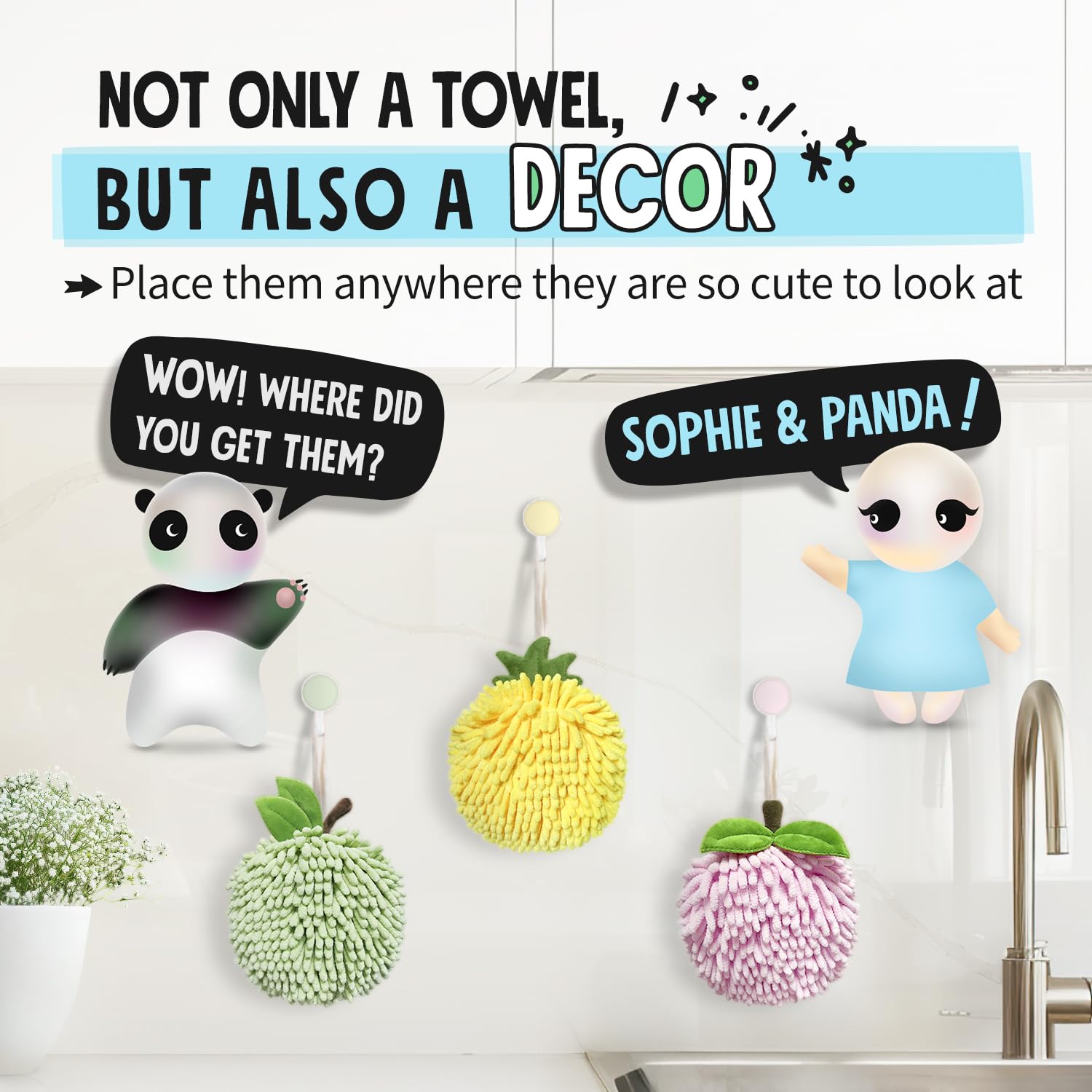 Sophie & Panda Fuzzy Ball Hand Towels (Set of 2) - Super Absorbent Creative Fruit Themed Bathroom Towels for Instant Drying - Green Apple Design - Perfect for Kitchen, Bathroom & Guest Use