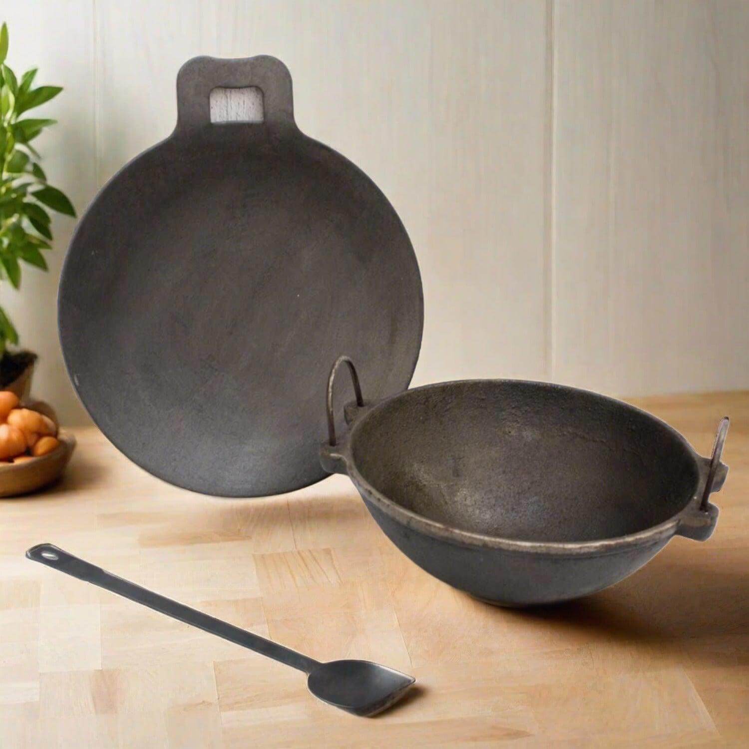 Premium Cast Iron Kadai, Iron Tawa & Ladle Cookware Set - Heavy Duty Indian Cooking Utensils for Roti, Curry & Deep Frying - Perfect for Home Kitchens & Outdoor Camping