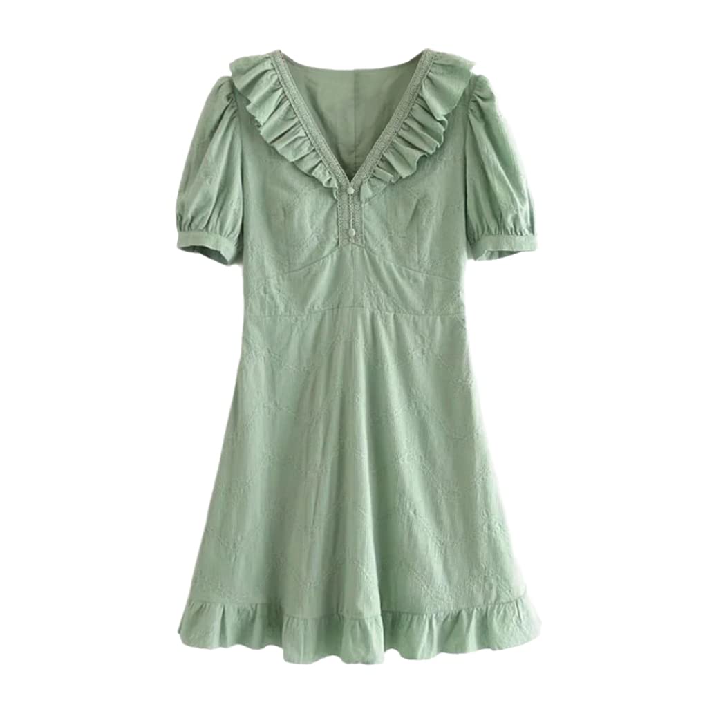 Elegant Floral Embroidery Ruffles Dress for Women - V Neck Lace Puff Short Sleeve Summer Dress | Perfect for Beach Vacations, Garden Parties & Date Nights