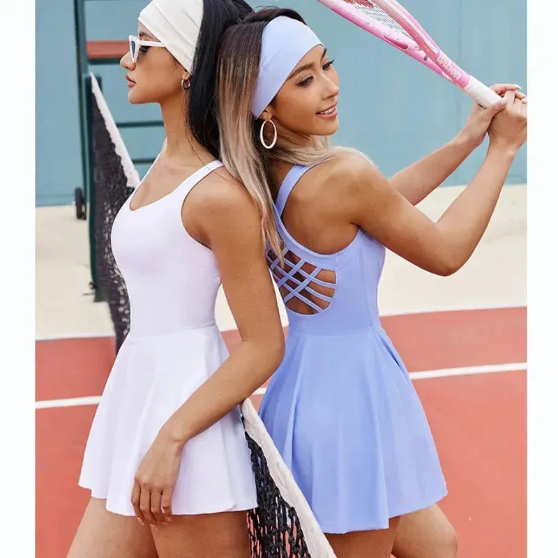 Women's Slim Fit Tennis Dress - One Piece Jumpsuit for Sports & Fitness with Chest Pads | Golf, Badminton, Yoga & Skort Outfit | Breathable Cross Back Tracksuit for Workouts & Court Performance