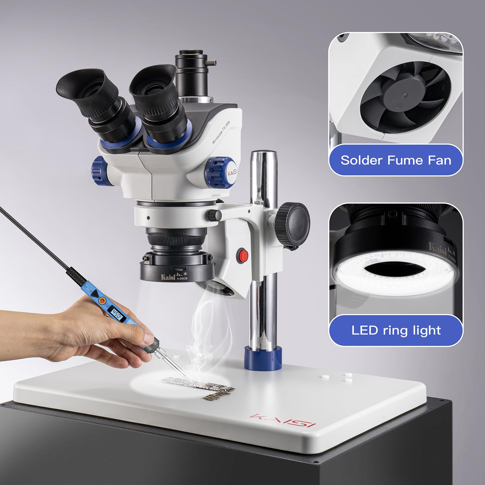 Kaisi TX-350E Professional Trinocular Stereo Soldering Microscope 7X-50X Magnification with WF10x23 Wide Field Eyepieces - Ideal for Electronics Repair, PCB Inspection, and Precision Lab Work