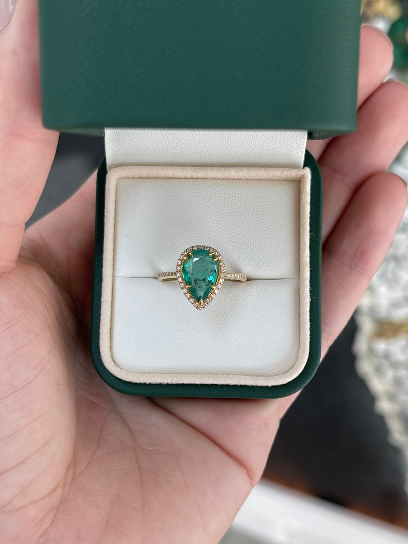 2.23tcw 14K Gold Pear Cut Emerald & Diamond Halo Engagement Ring - Dark Bluish Green Gemstone for Wedding, Proposal & Anniversary Gifts