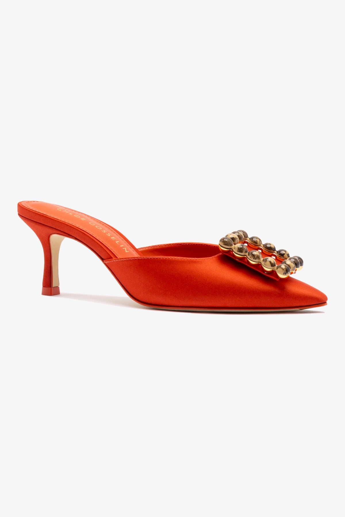 Chloe Gosselin by Larroudé Ava Mule Sandals - Orange Sunrise Satin Heels for Women | Perfect for Weddings, Parties & Summer Outfits