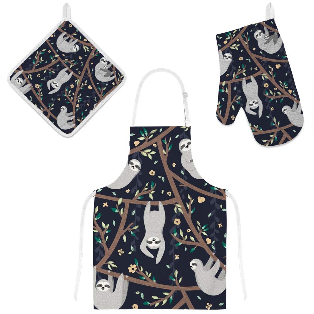 Sloth Print Adjustable Kitchen Apron with Pockets - 3-Piece Cooking Set Includes Oven Mitt & Pot Holder - Heat Resistant Microwave Gloves for Baking, Grilling & Home Cooking