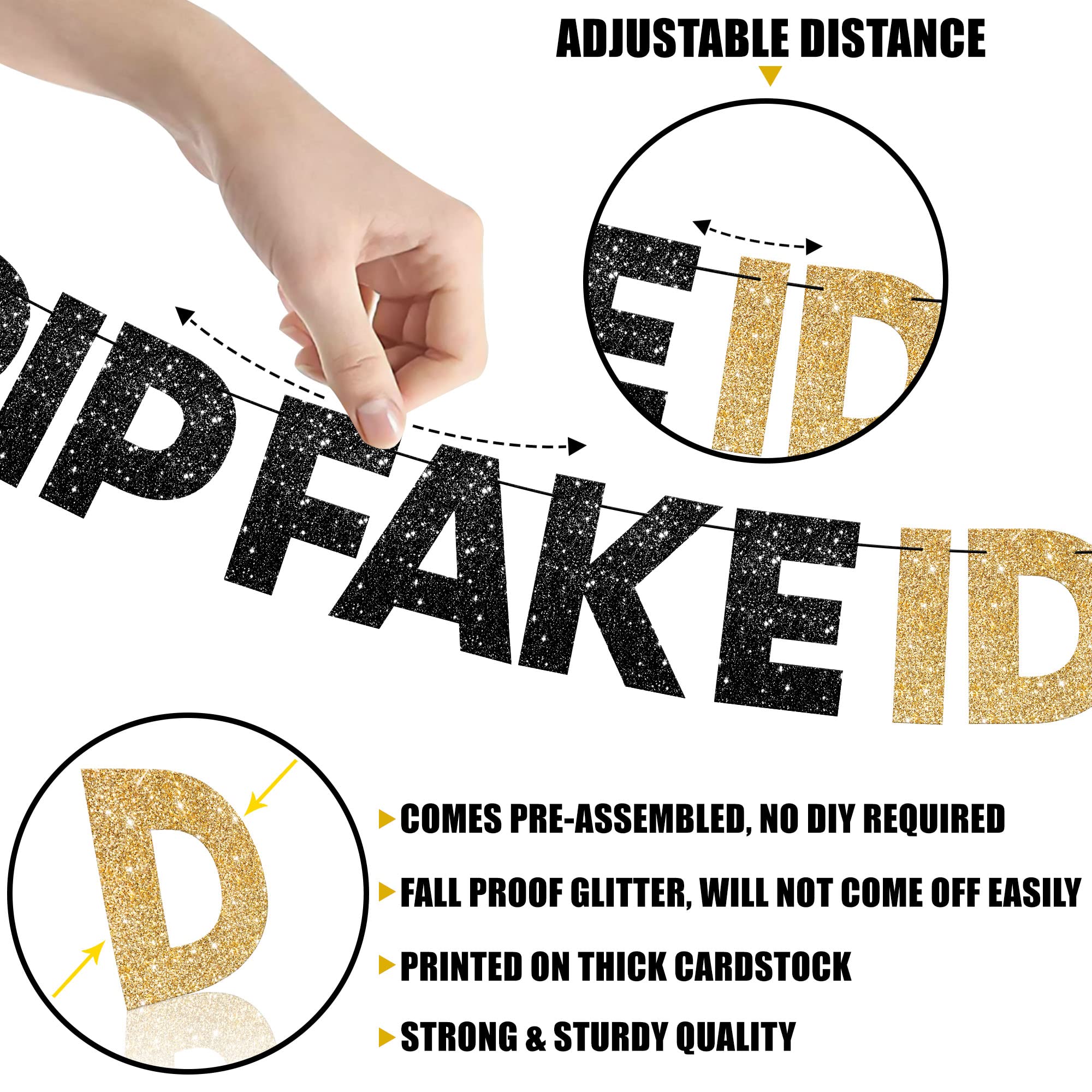 KatchOn Glitter RIP Fake ID Banner Black and Gold - 10ft Prestrung Birthday Decor | Perfect for 21st Birthday Party, Golden Themed Decorations for Him | Ideal for Birthday Celebrations, Home & Party Decor