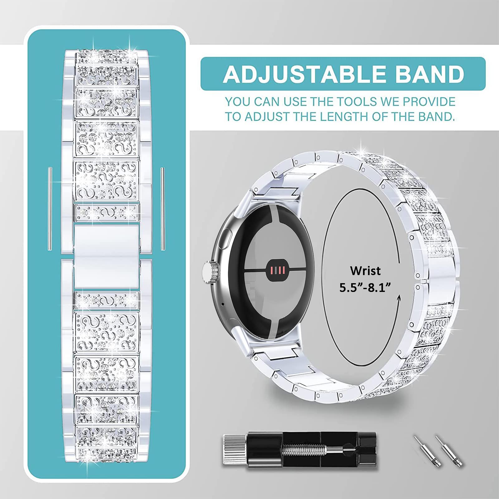 Miimall Bling Diamond Rhinestone Stainless Steel Band for Google Pixel Watch 3 41mm/Pixel Watch 2 - Elegant Metal Replacement Strap for Women, Night Out & Special Occasions