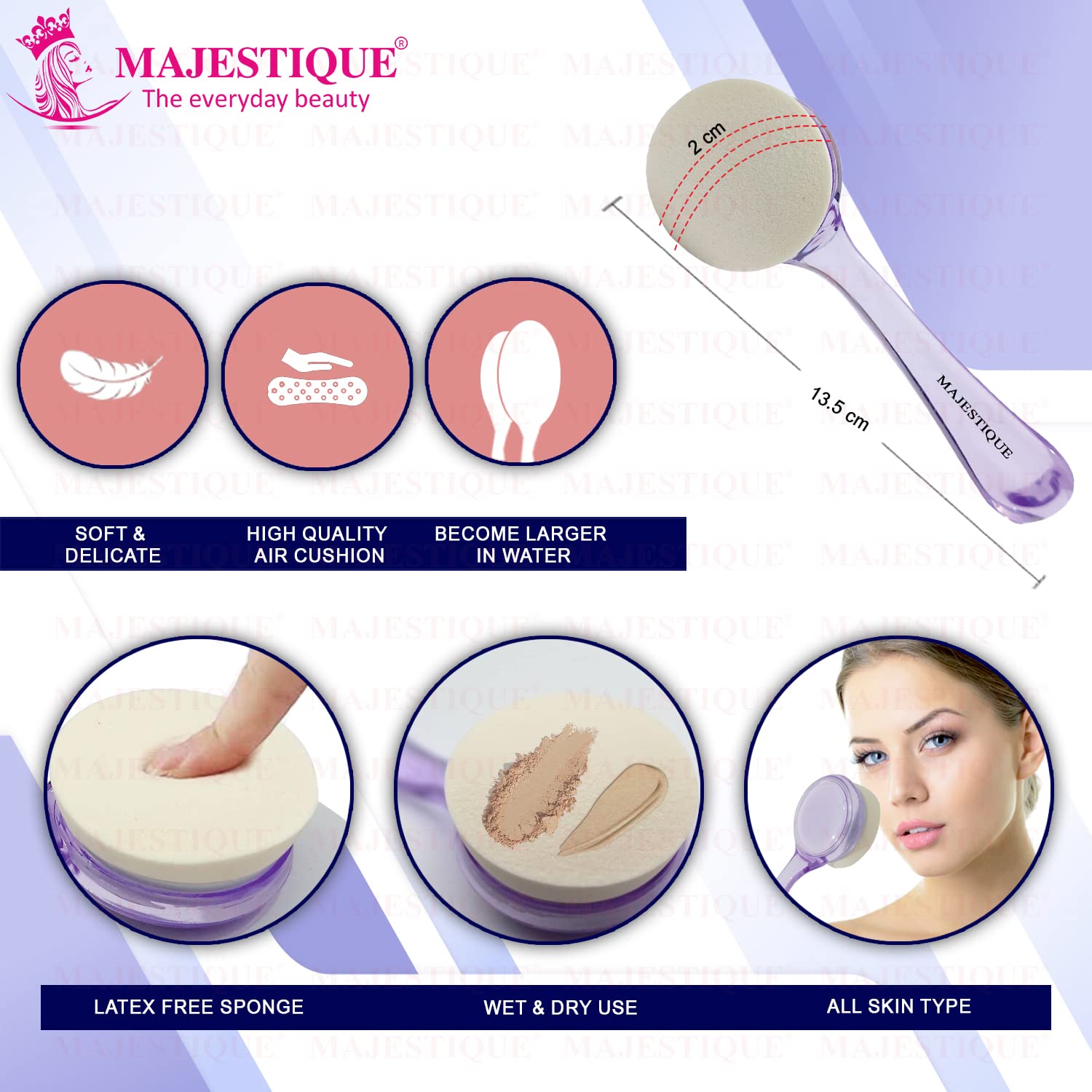 Majestique Anti-Allergic Face Sponge with Handle | Premium Exfoliating & Cleansing PU Sponge for Women | Hydrophilic Facial Scrubber for Sensitive Skin | Perfect for Daily Skincare & Makeup Removal (Pack of 1)
