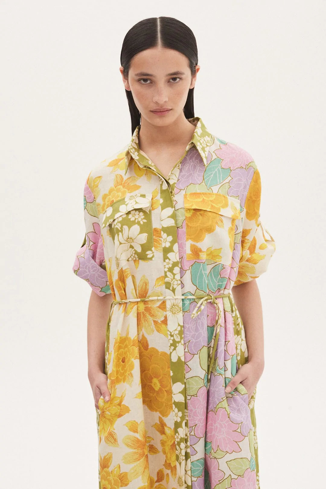 ELORA Patchwork Shirtdress for Women - Stylish Floral Print Long Sleeve Button Down Dress - Perfect for Office, Date Night & Spring Outfits