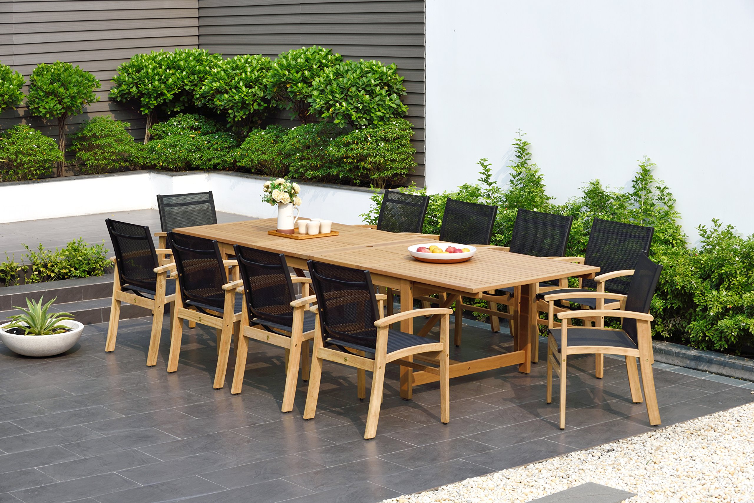 11-Piece Eucalyptus Outdoor Extendable Dining Set with Teak Finish - Patio Furniture for Backyard, Garden & Poolside Dining | Weather-Resistant Black Dining Table & Chairs Set