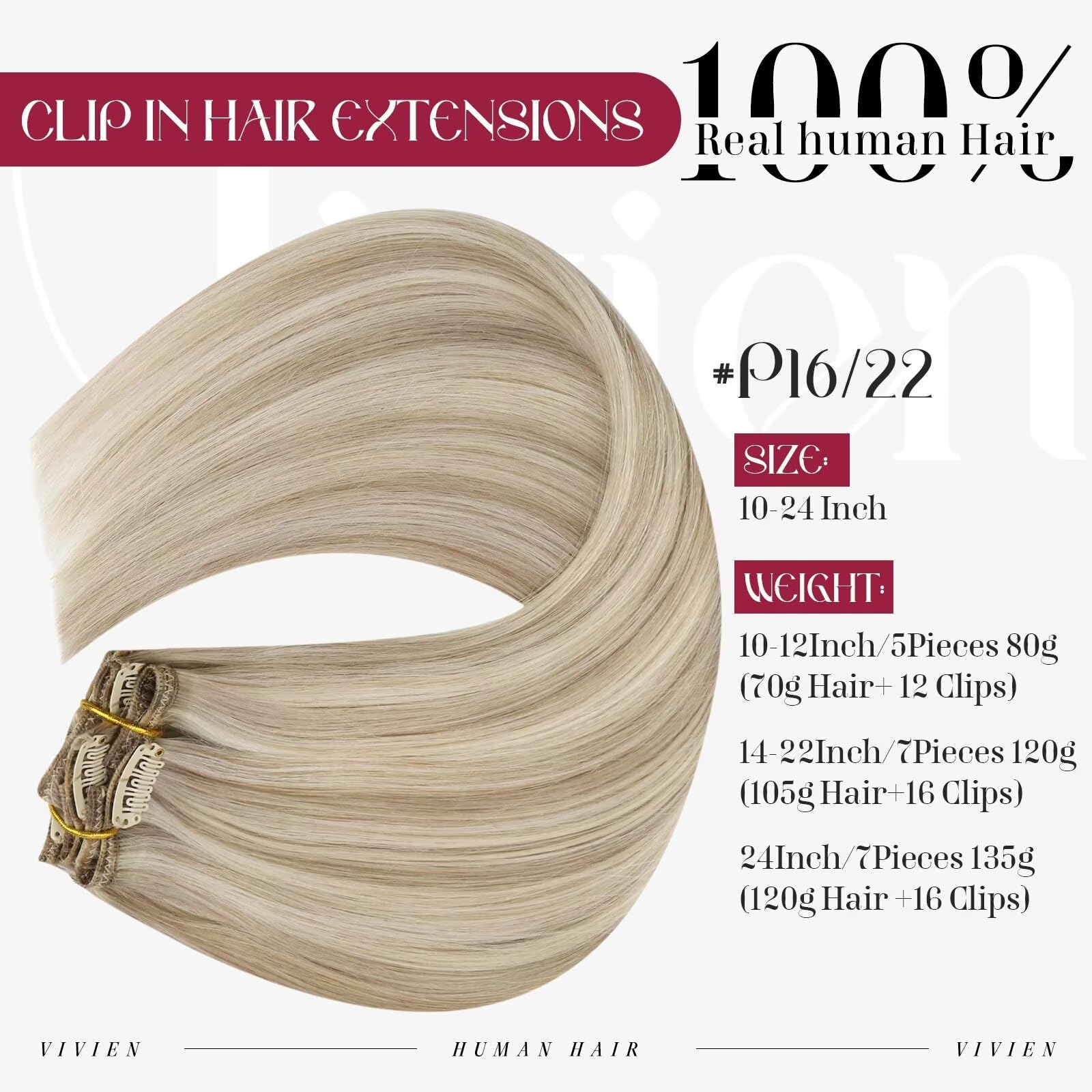 Vivien Blonde Clip-in Hair Extensions 24 Inch - 7pcs 135g Invisible Remy Human Hair Extensions with Ash to Light Blonde Highlights for Natural Volume & Length | Perfect for Parties, Weddings & Daily Styling