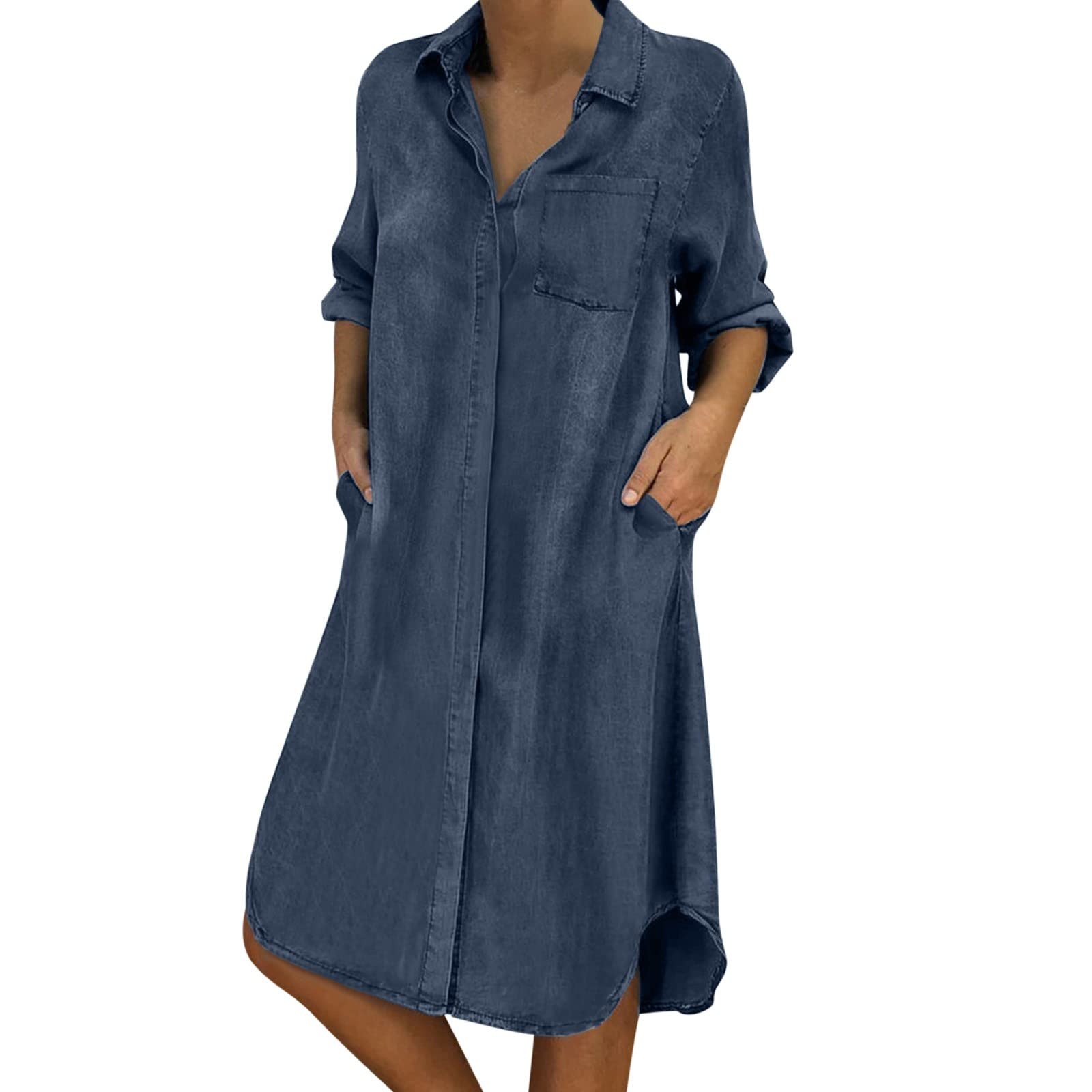 Women's Plus Size Denim Mini Dress - Short Fit Casual Long Sleeve V-Neck Floral Print Dress | Perfect for Date Night, Office Wear & Summer Outings