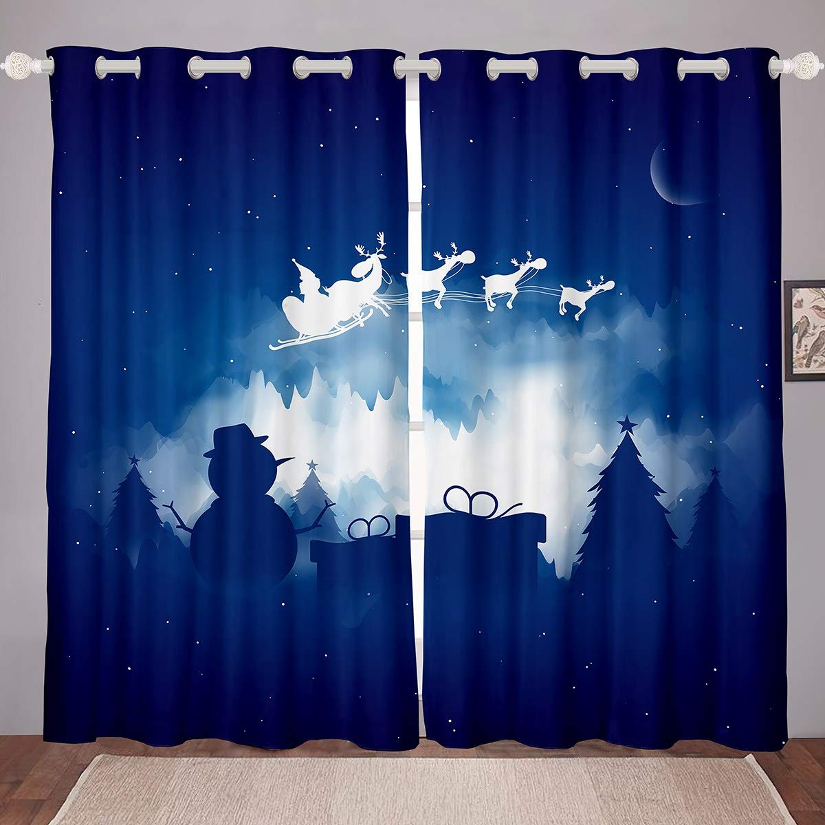 Snowman Christmas Tree Elk Watercolor Window Curtains - 2 Panel Set with Steel Grommet Top, 76x54 Inches, Microfiber Fabric for Living Room Holiday Decor | Perfect for Christmas Home Decoration, Winter Party & Seasonal Window Treatments