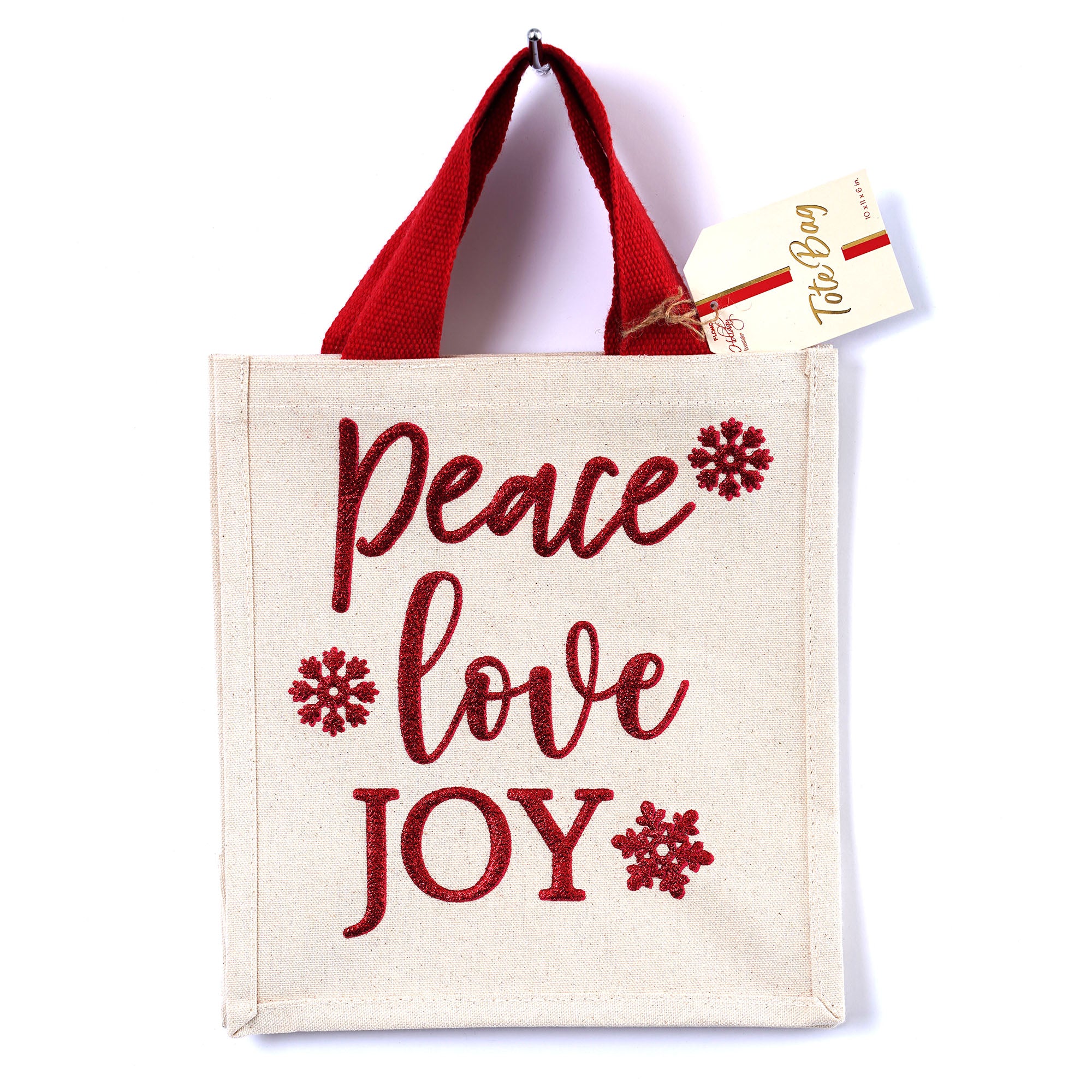 Christmas Peace Love Joy Embossed Canvas Tote Bag - Waterproof Laminated Interior - 10