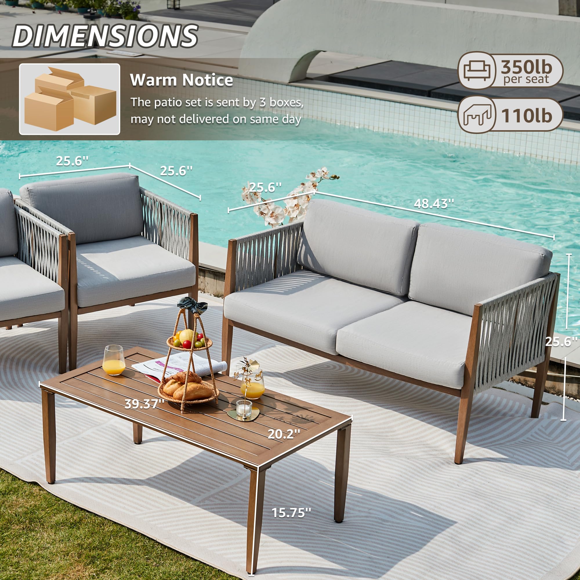 4-Piece Patio Furniture Set - Outdoor Deep Seating Conversation Group with Handwoven Rope & Wood Grain Metal Frame, Olefin Cushions - Perfect for Backyard, Garden, Poolside & Patio Relaxation