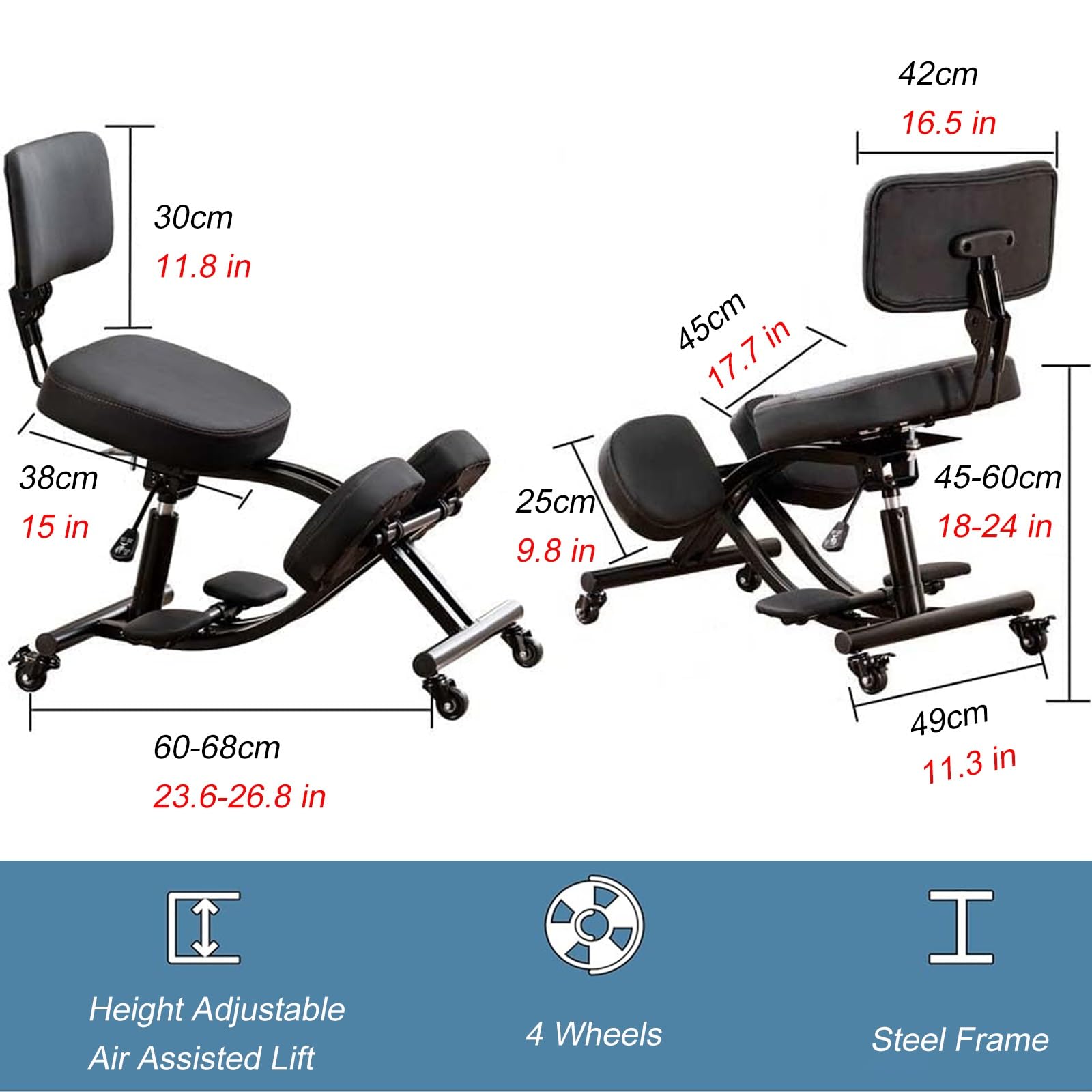 Adjustable Height Ergonomic Kneeling Chair with Wheels, Backrest & Foot Pedals - Mobile Cross-Legged Posture Support for Home Office, Yoga & Meditation | Perfect for Remote Workers, Gamers & Back Pain Relief