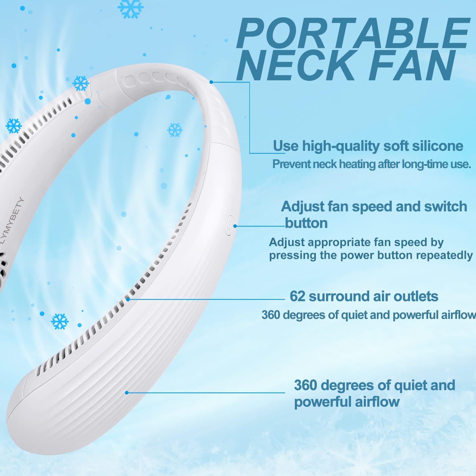 Portable Rechargeable Hanging Neck Fan - Bladeless Hands-Free Personal Fan with 3 Speed Settings, 3000mAh Battery - Wearable Cooling Fan for Men, Women & Kids - Perfect for Home, Office, Travel, Outdoor Activities & Sports (White)