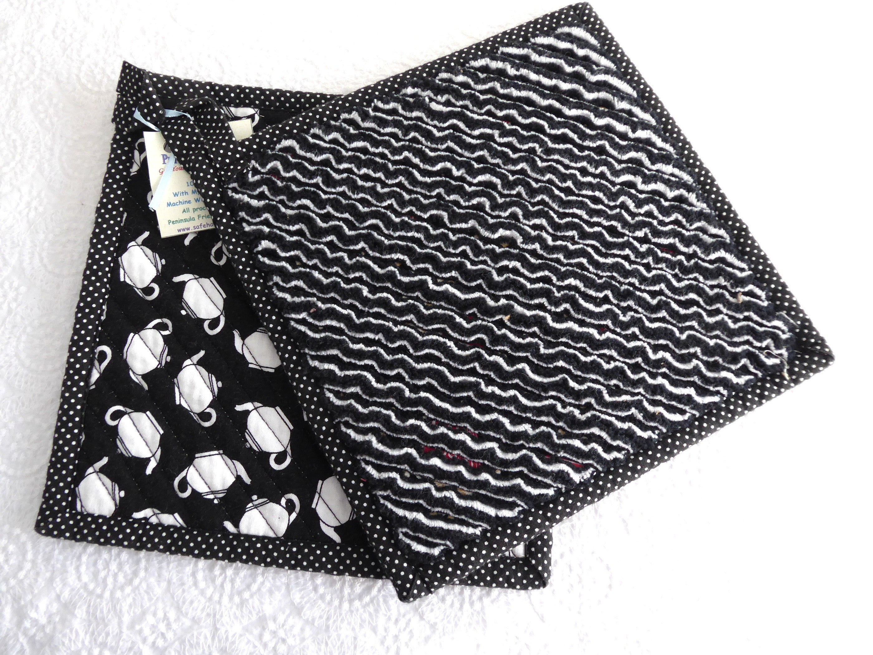 Handmade Black and White Teapot Potholders Set of 2 - Heat Resistant Kitchen Accessories for Tea Lovers - Perfect for Hot Pots, Baking, and Kitchen Decor (Supports Animal Charity)
