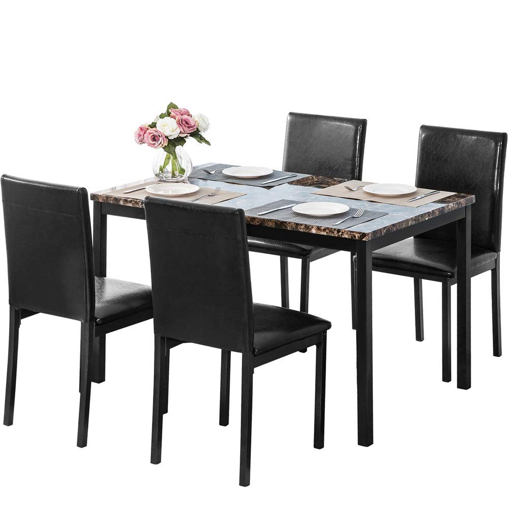 YYAO 5-Piece Modern Dining Table Set with Faux Marble Tabletop & 4 PU Leather Chairs - Black Kitchen Dining Room Furniture for Small Spaces, Apartments & Family Gatherings