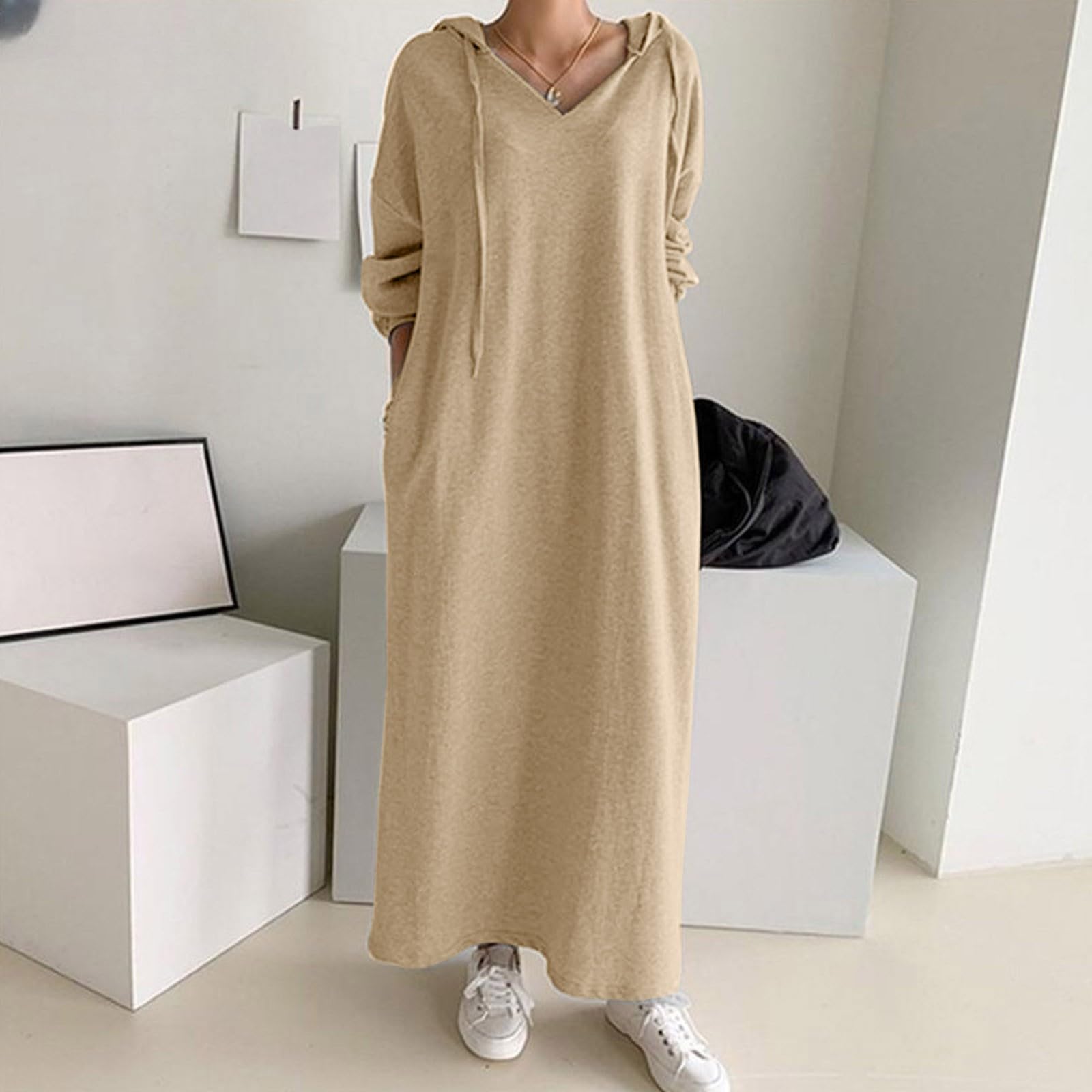 Women's Thin Long Sleeve Drawstring Solid Loose V-Neck Casual Hooded Dress - Elegant Wedding Guest Outfit for 2024 | Perfect for Bridal Showers, Cocktail Parties & Spring Events