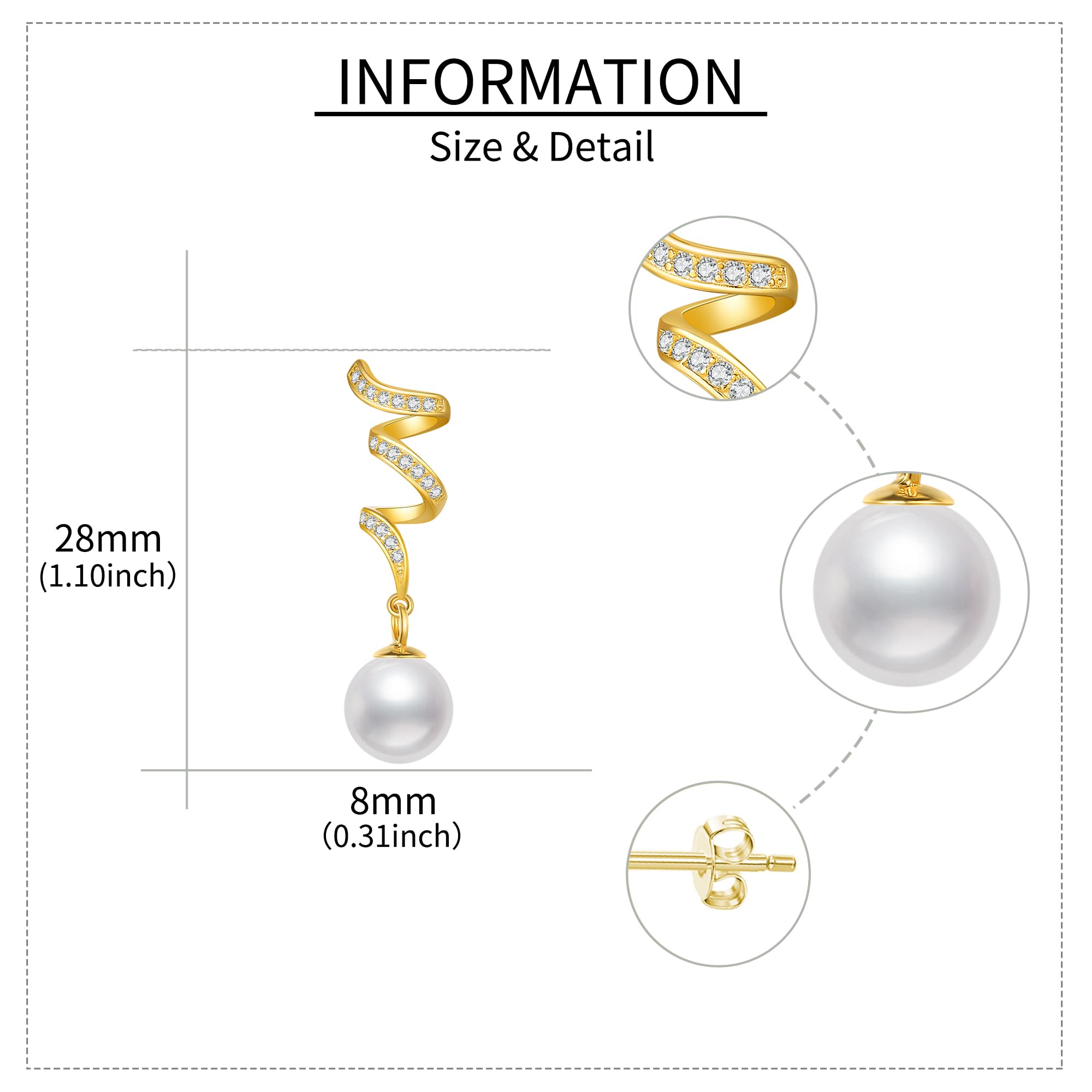 14K Yellow Gold Freshwater Cultured Pearl Drop Earrings for Women - 8MM Round Pearl Dangle Earrings with Twist Design | Perfect for Weddings, Parties & Special Occasions