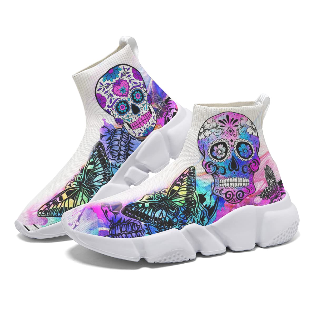 Hetios Women's Fashion Skull Print Slip-On Sneakers - Breathable Knit Running Shoes for Jogging, Walking & Casual Wear - White Athletic Shoes for Women (Perfect for Gym, Workout & Daily Outfits)