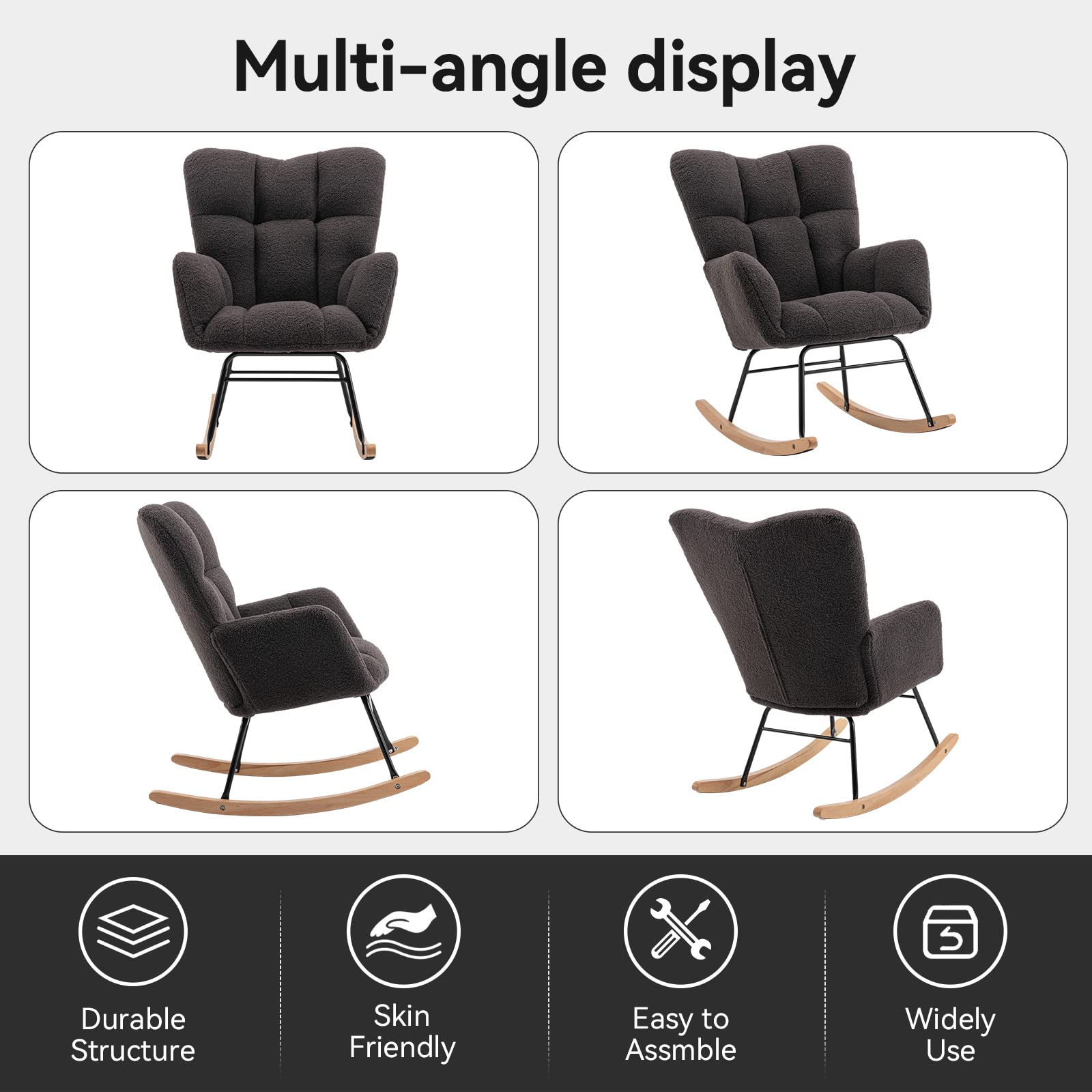 Velvet Padded Nursery Rocking Chair with High Backrest & Armrests - Upholstered Glider Rocker Accent Chair for Living Room, Bedroom, Nursery or Office - Perfect for Nursing, Reading & Relaxing (Dark Grey)