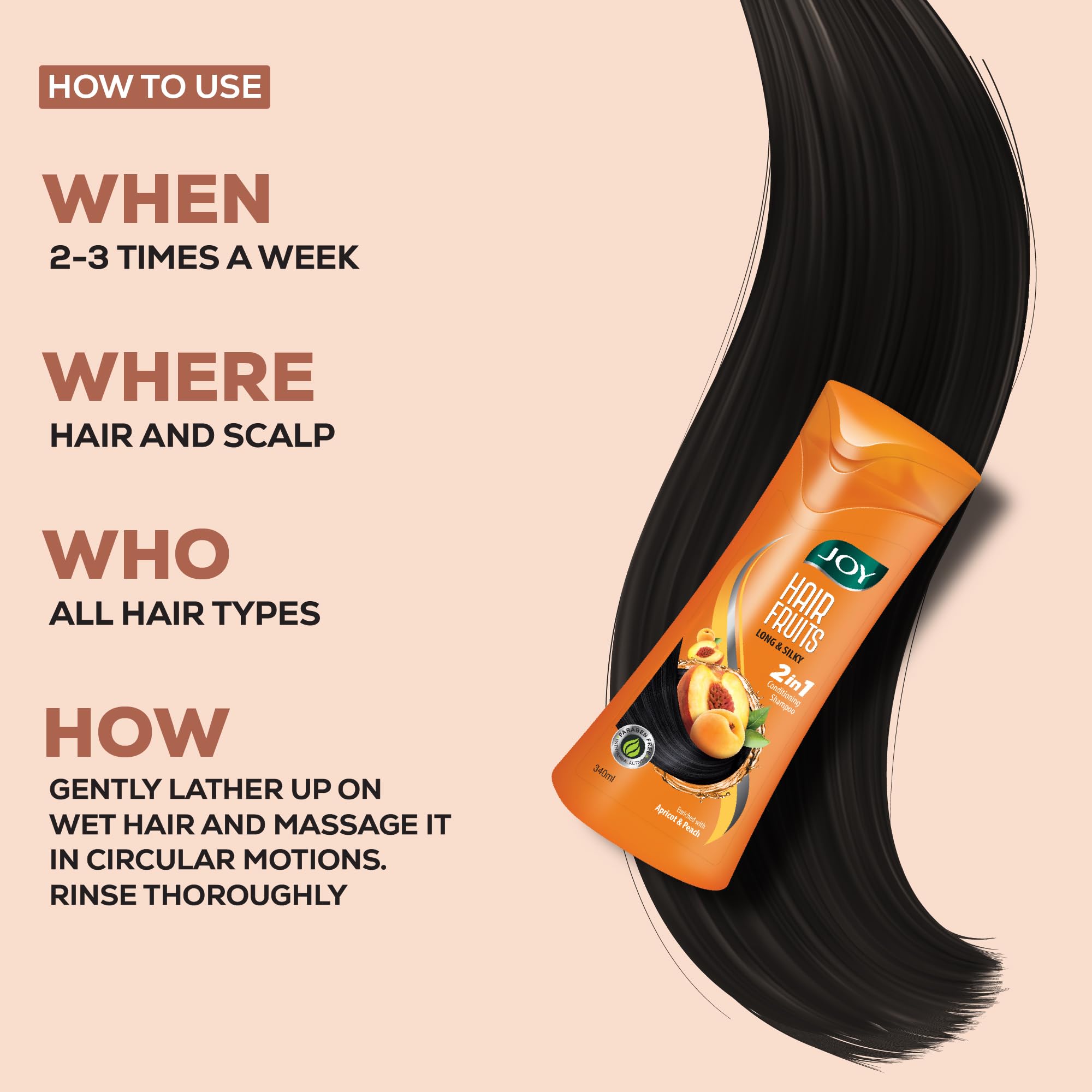 Joy Apricot & Peach Hair Growth Shampoo (340ml x 2 Pack) - Natural Conditioning Formula for Long, Soft & Silky Hair - Sulfate & Paraben Free - Ideal for Daily Hair Care & Scalp Nourishment