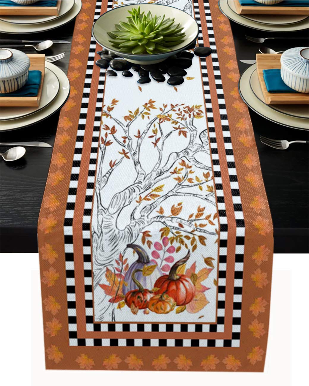 Linen Cotton Washable Table Runner for Living Room End Table, Thanksgiving Dining Decor with Pumpkins and Sycamore Leaf Border, Perfect for Everyday Use and Seasonal Celebrations