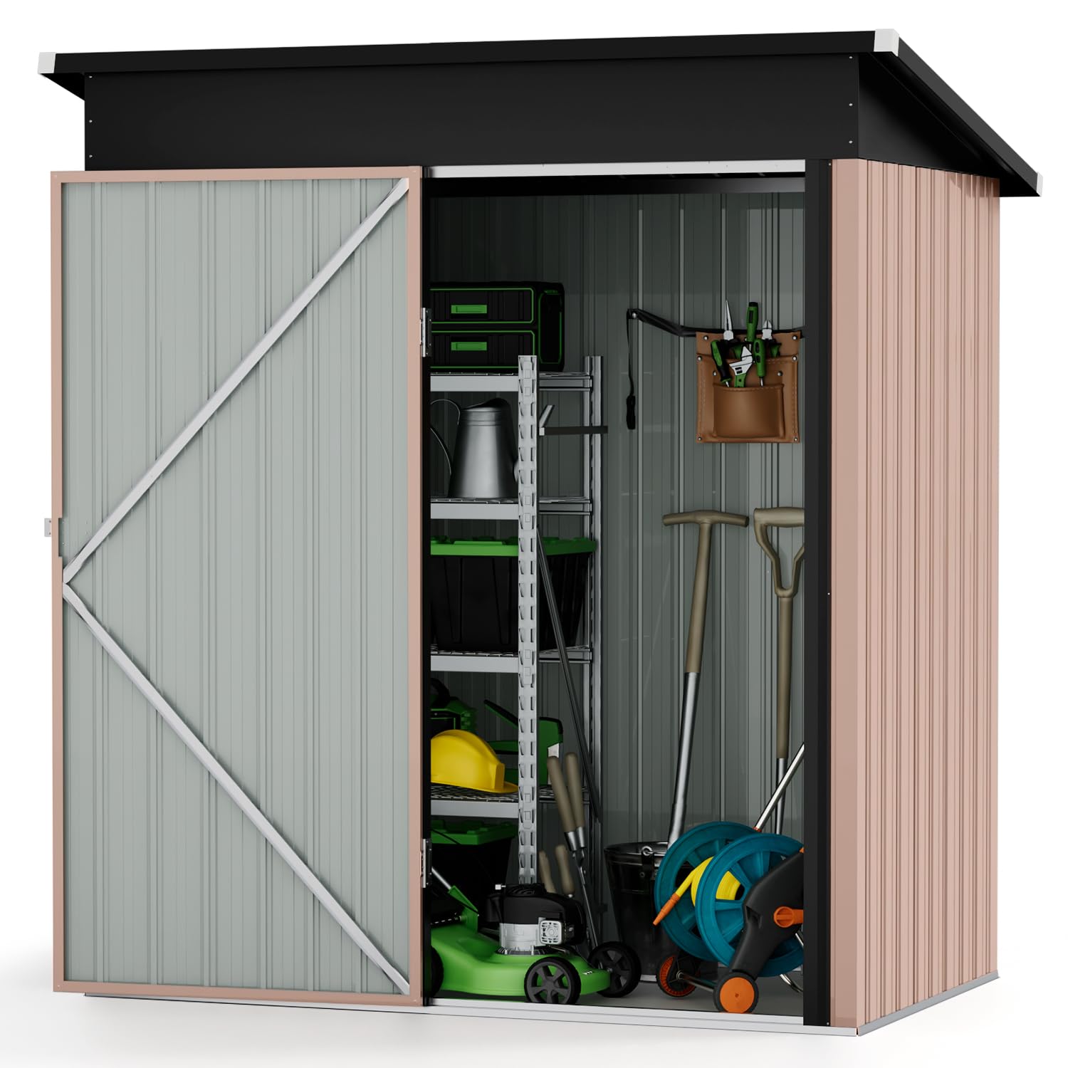 Aoxun 5x2.7 FT Outdoor Metal Storage Shed - Heavy Duty Waterproof Galvanized Steel Garden Shed with Sloping Roof & Lockable Door - Perfect for Storing Lawn Mowers, Gardening Tools, Patio Furniture & Backyard Equipment (Brown)