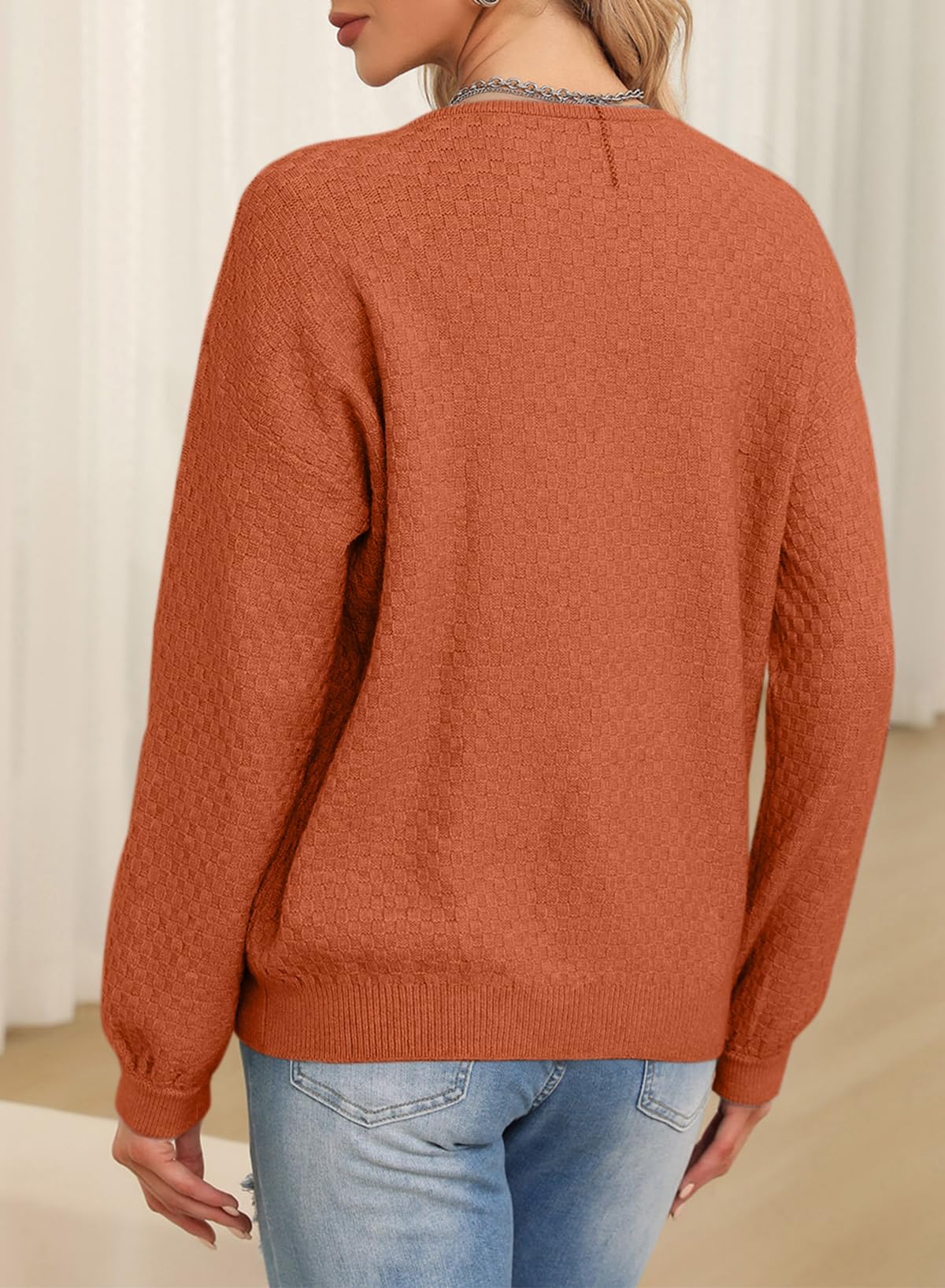 EVALESS Women's Long Sleeve V-Neck Waffle Knit Sweater - Loose Pullover Jumper for Fall 2024 | Casual Outfit, Office Wear & Cozy Layering