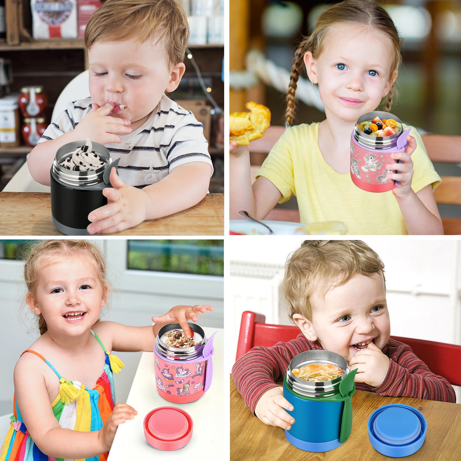 **10oz Insulated Stainless Steel Kids Lunch Thermos with Spoon - Leak-Proof Wide Mouth Hot Food Container for School, Travel & Picnics - Keeps Soup & Meals Warm (Black)**