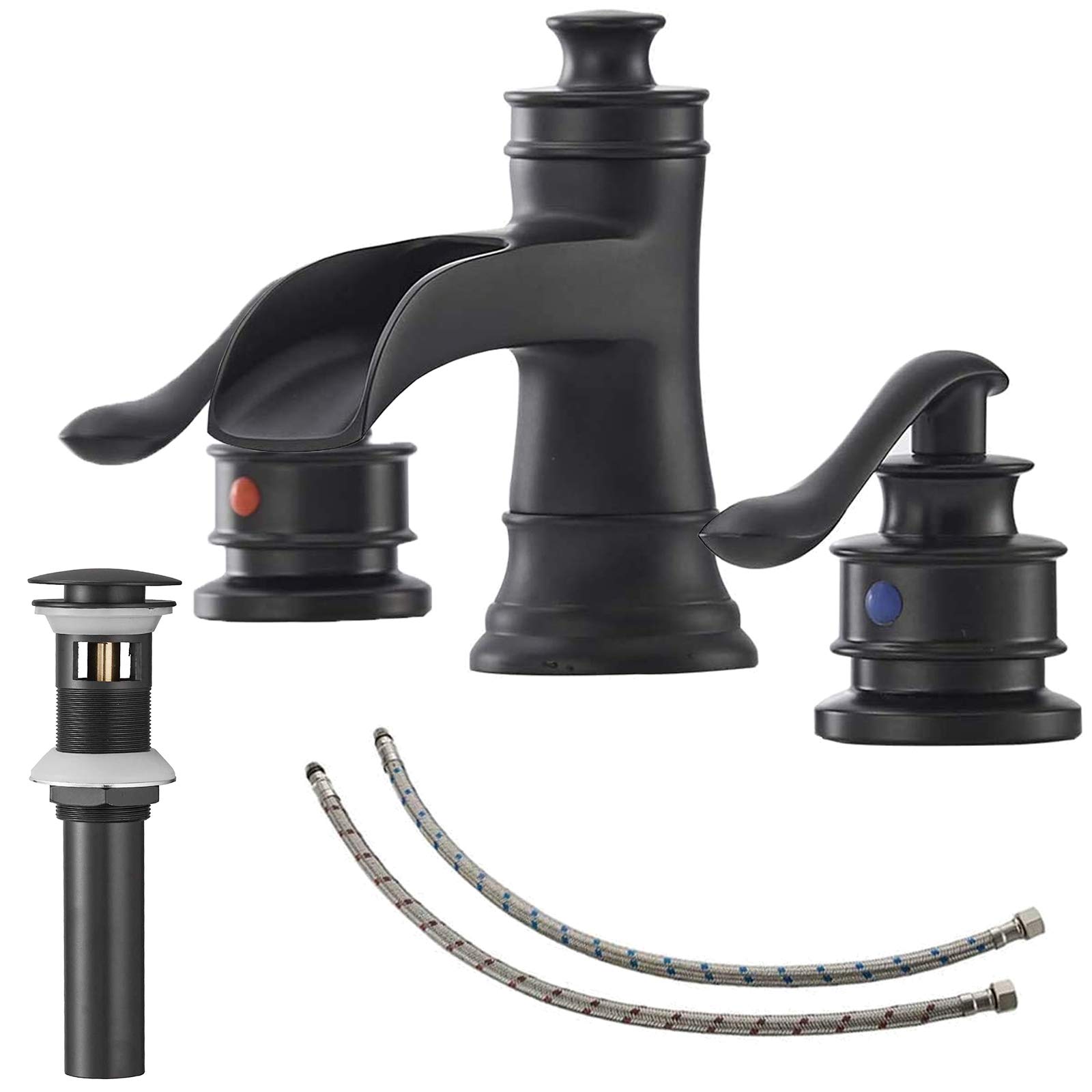 BATHLAVISH 8 Inch Black Widespread Bathroom Faucet - 3 Hole Waterfall Spout Farmhouse Sink Faucet with 2 Handles & Pop-Up Drain - Perfect for Modern Vanity, Guest Bathroom & Farmhouse Style Decor