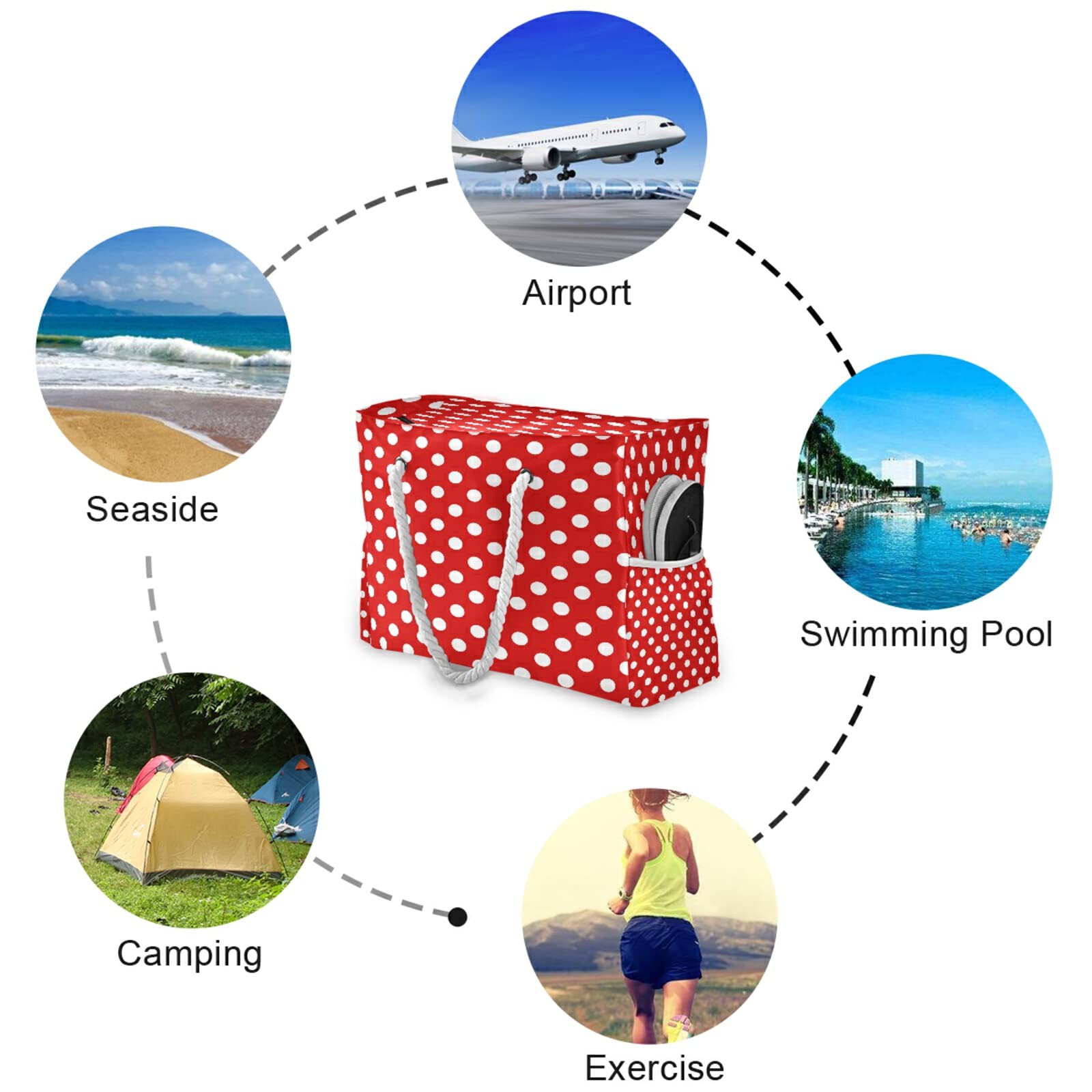 Stylish Red Polka Dot Tote Bag - Large Beach Bag with Rope Handles for Women, Perfect for Shopping, Groceries, Travel & Outdoor Activities | Durable & Fashionable Carryall for Beach Days, Picnics & Daily Use