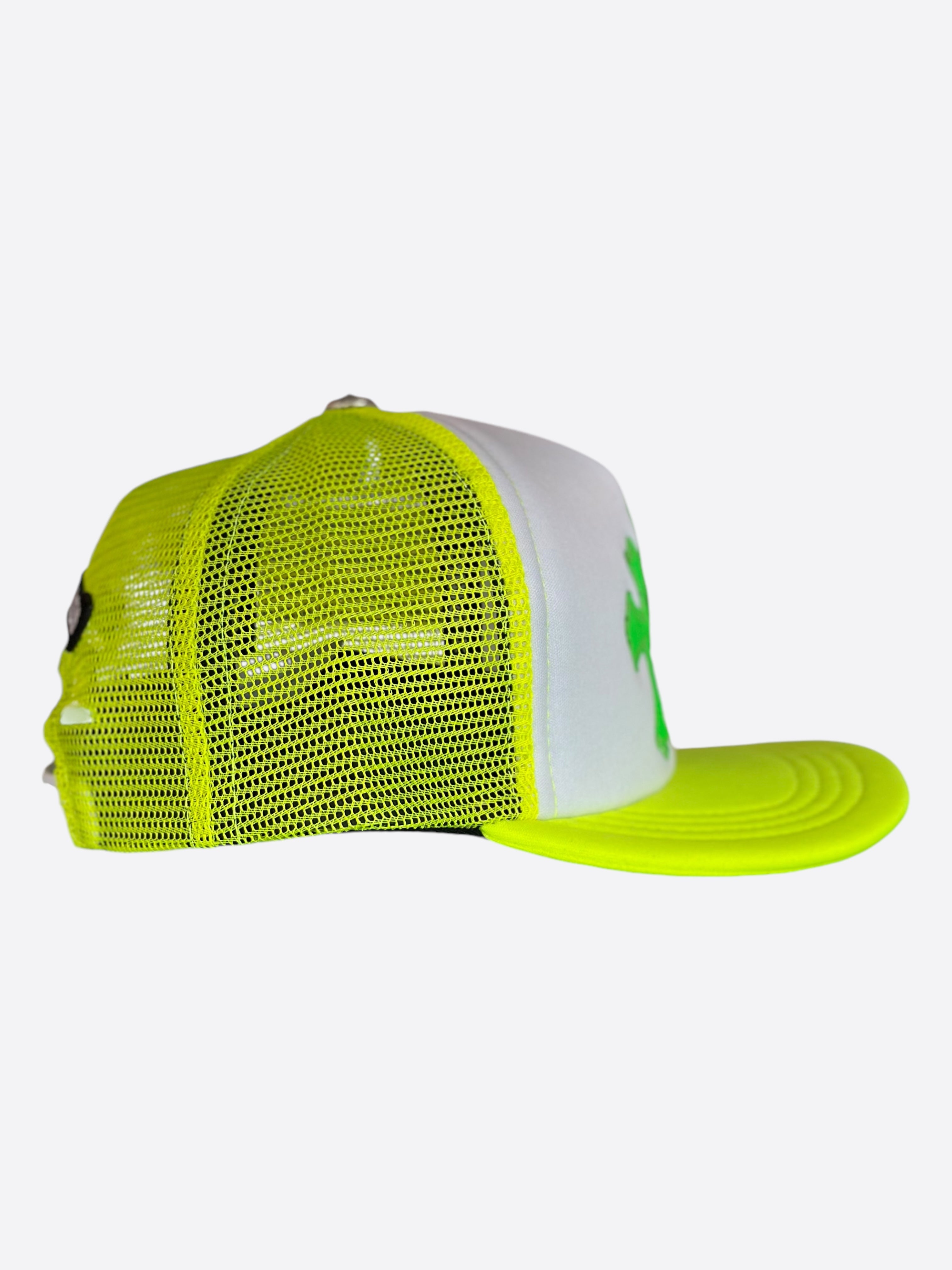 Chrome Hearts Neon Yellow Cemetery Cross Patch Trucker Hat - Stylish Embroidered Snapback Cap for Men & Women - Perfect for Streetwear, Concerts, and Outdoor Adventures