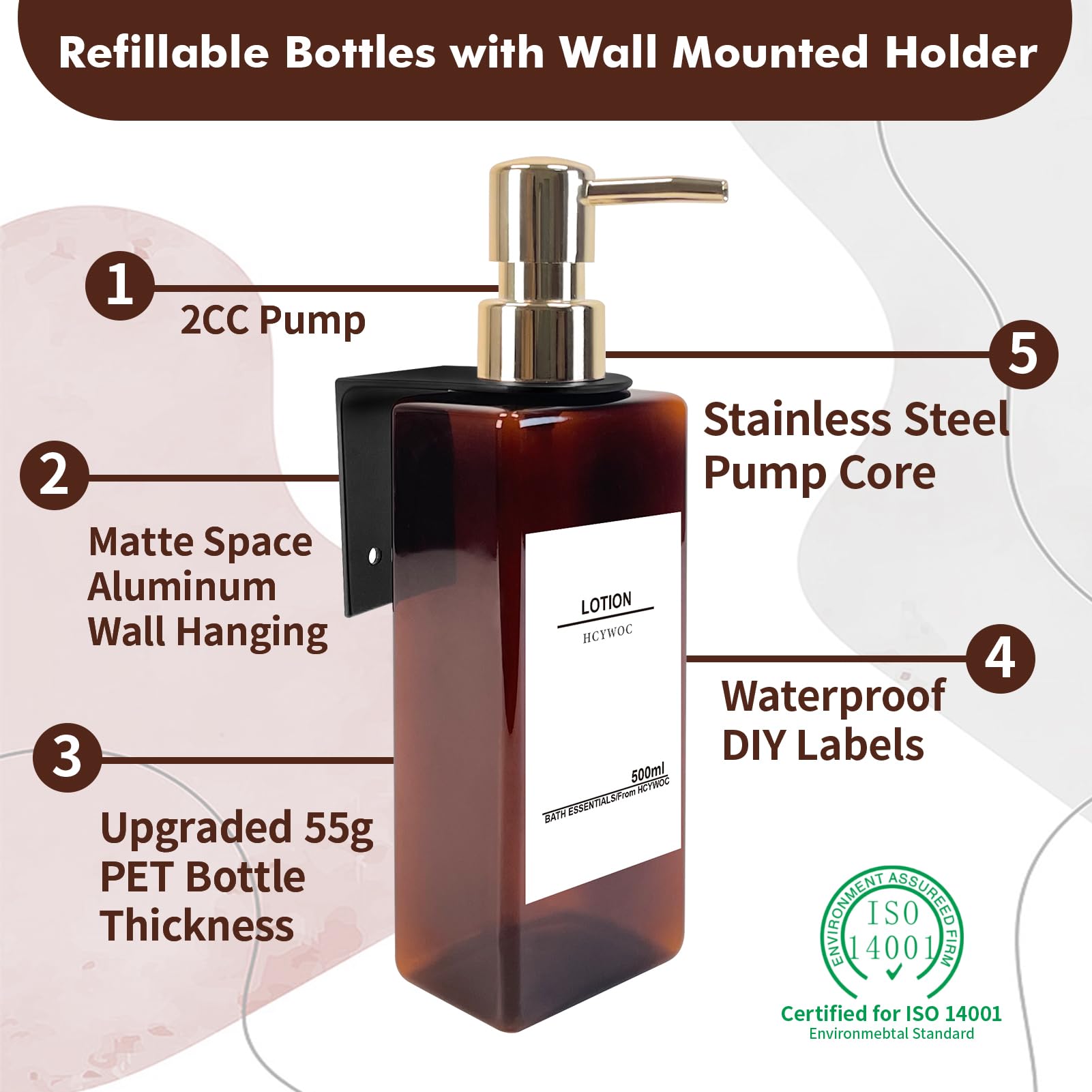Wall Mounted Shampoo and Conditioner Dispenser for Shower - 3 Chamber No Drill Bathroom Soap Dispenser with 16 Waterproof Labels, 17oz Capacity in Gold Amber - Perfect for Spa-Like Showers, Guest Bathrooms & Organized Family Bathrooms