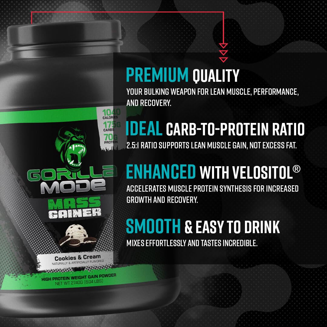 Gorilla Mind Mass Gainer Protein Powder - Cookies & Cream Flavor | 70g Protein, 1040 Calories, 175g Carbs per Serving | High Calorie Weight Gain Supplement for Bodybuilding & Muscle Growth | Post-Workout Recovery Shake for Athletes & Fitness Enthusiasts
